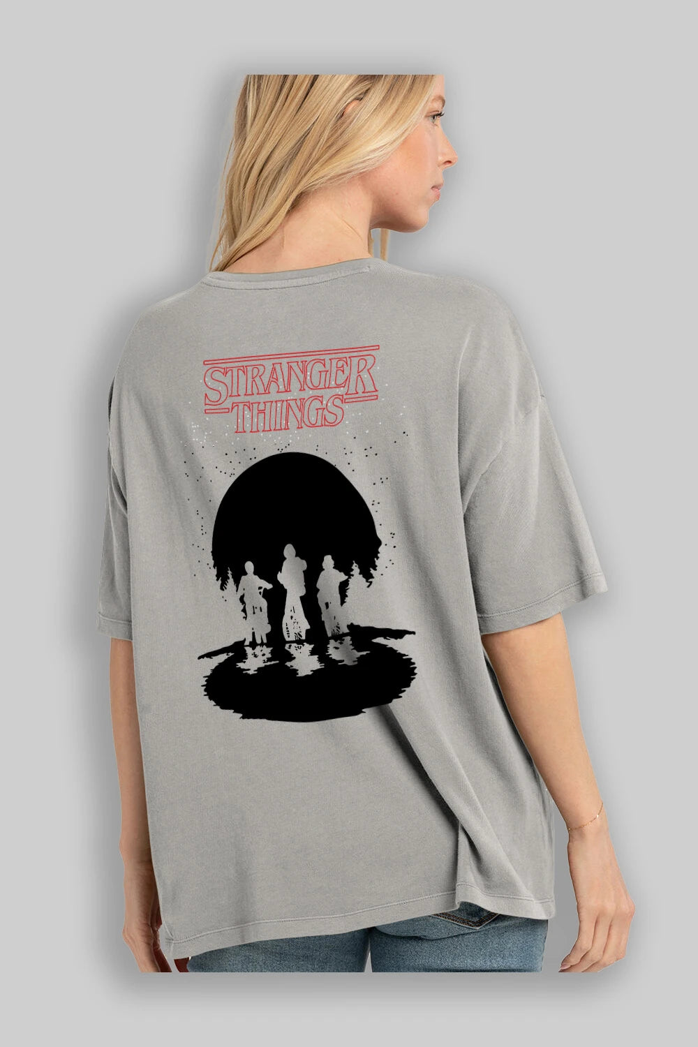 Stranger Things Arka Baskılı Oversize t-shirt Erkek Kadın Unisex %100 Pamuk Bisiklet Yaka tişort