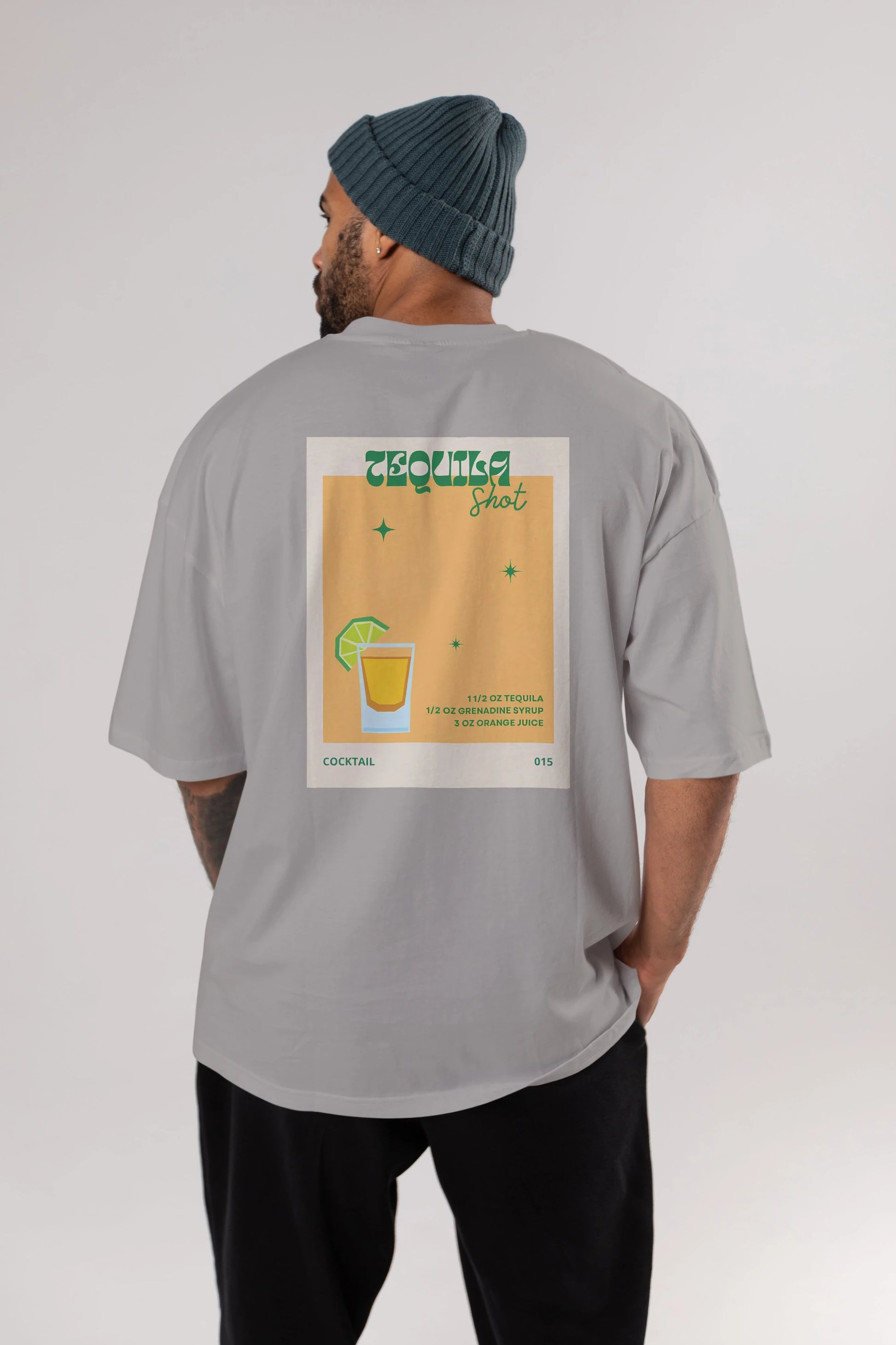 Tequila Shot 2 Arka Baskılı Oversize t-shirt Erkek Kadın Unisex %100 Pamuk Bisiklet Yaka tişort