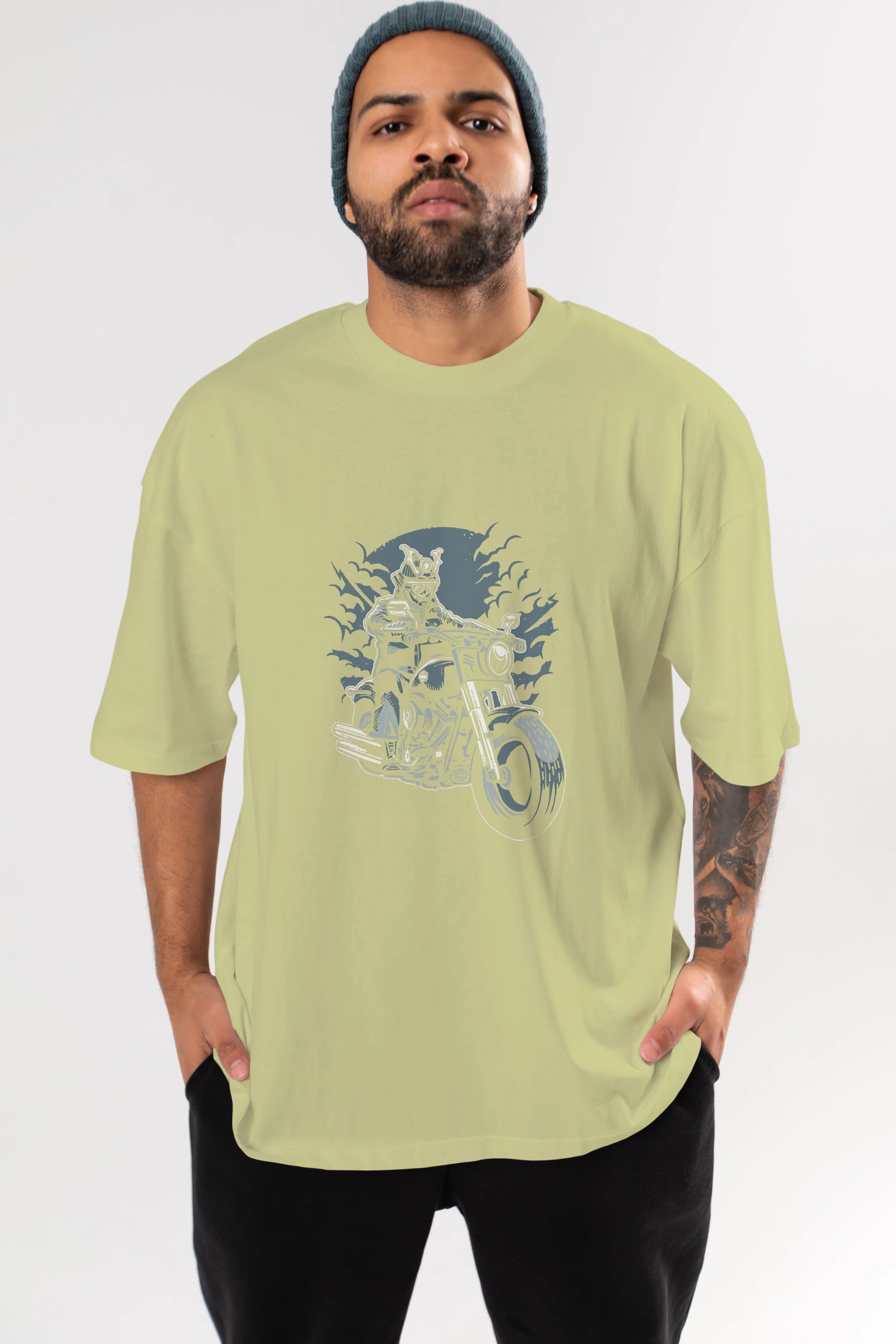 Samurai Ride Ön Baskılı Oversize t-shirt Erkek Kadın Unisex %100 Pamuk tişort