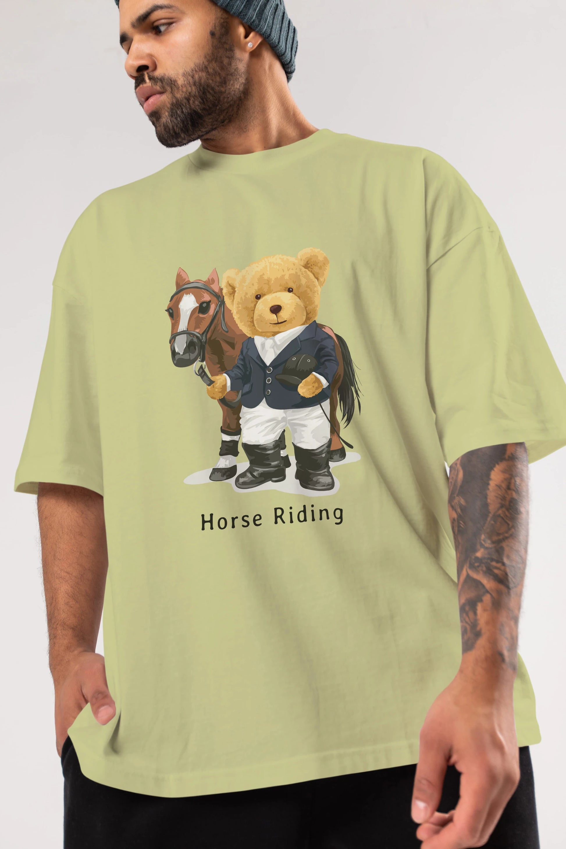 Teddy Bear Horse Riding Ön Baskılı Oversize t-shirt Erkek Kadın Unisex %100 Pamuk