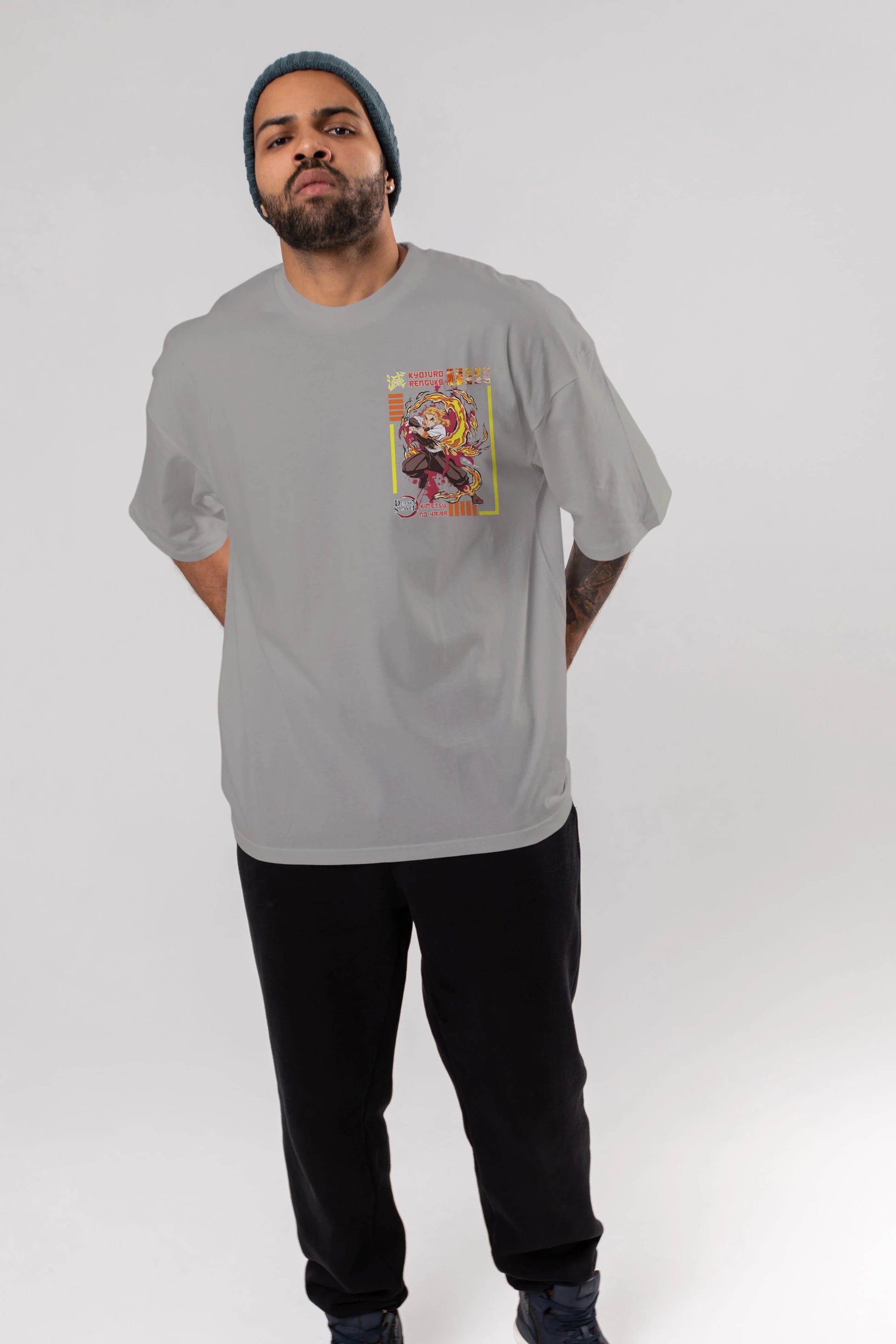 KYOJURO RENGOKU Ön Sol Baskılı Oversize t-shirt Erkek Kadın Unisex %100 Pamuk Bisiklet Yaka tişort