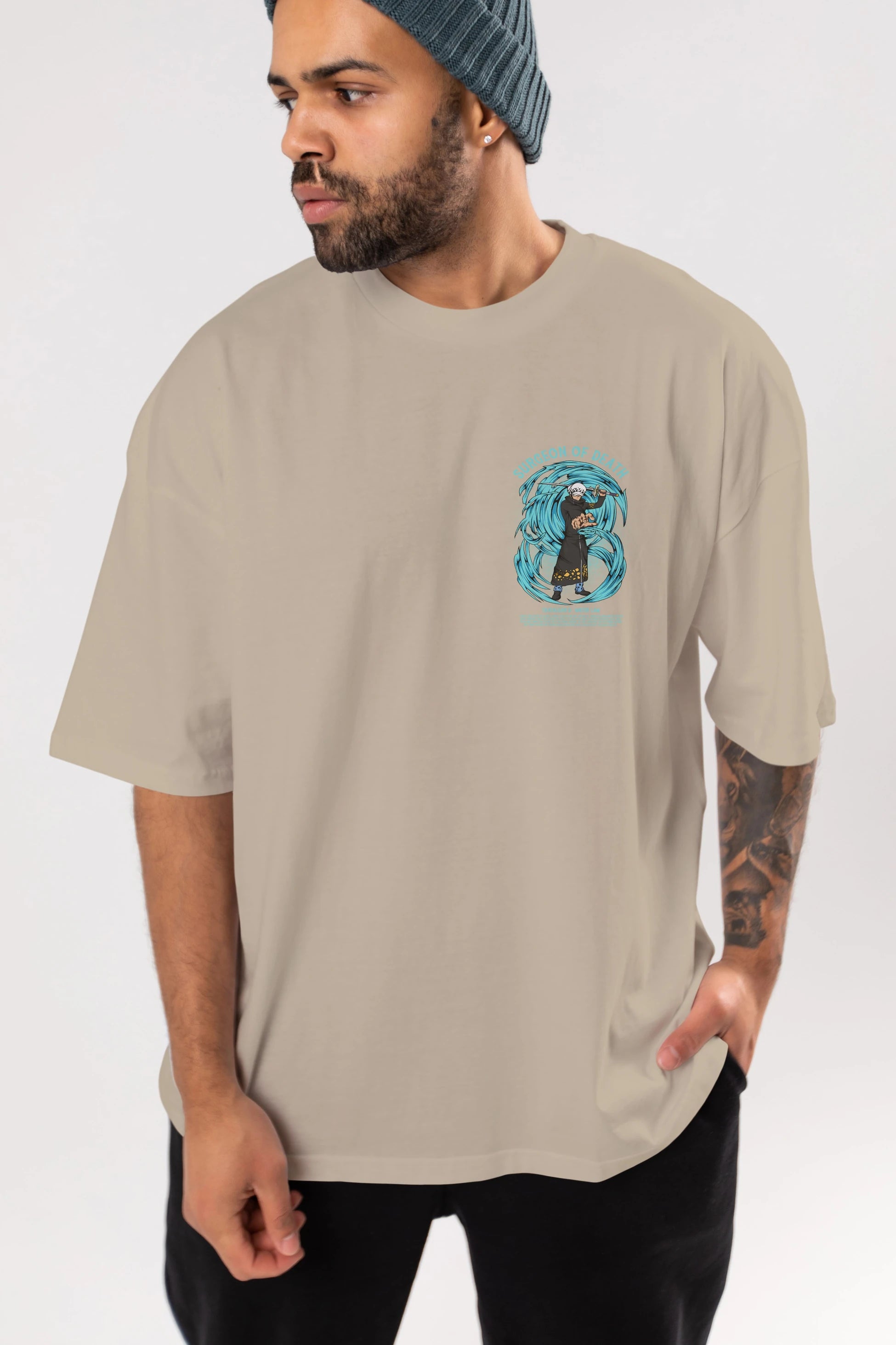 Trafalgad D. Water Law Ön Sol Baskılı Oversize t-shirt Erkek Kadın Unisex %100 Pamuk Bisiklet Yaka tişort