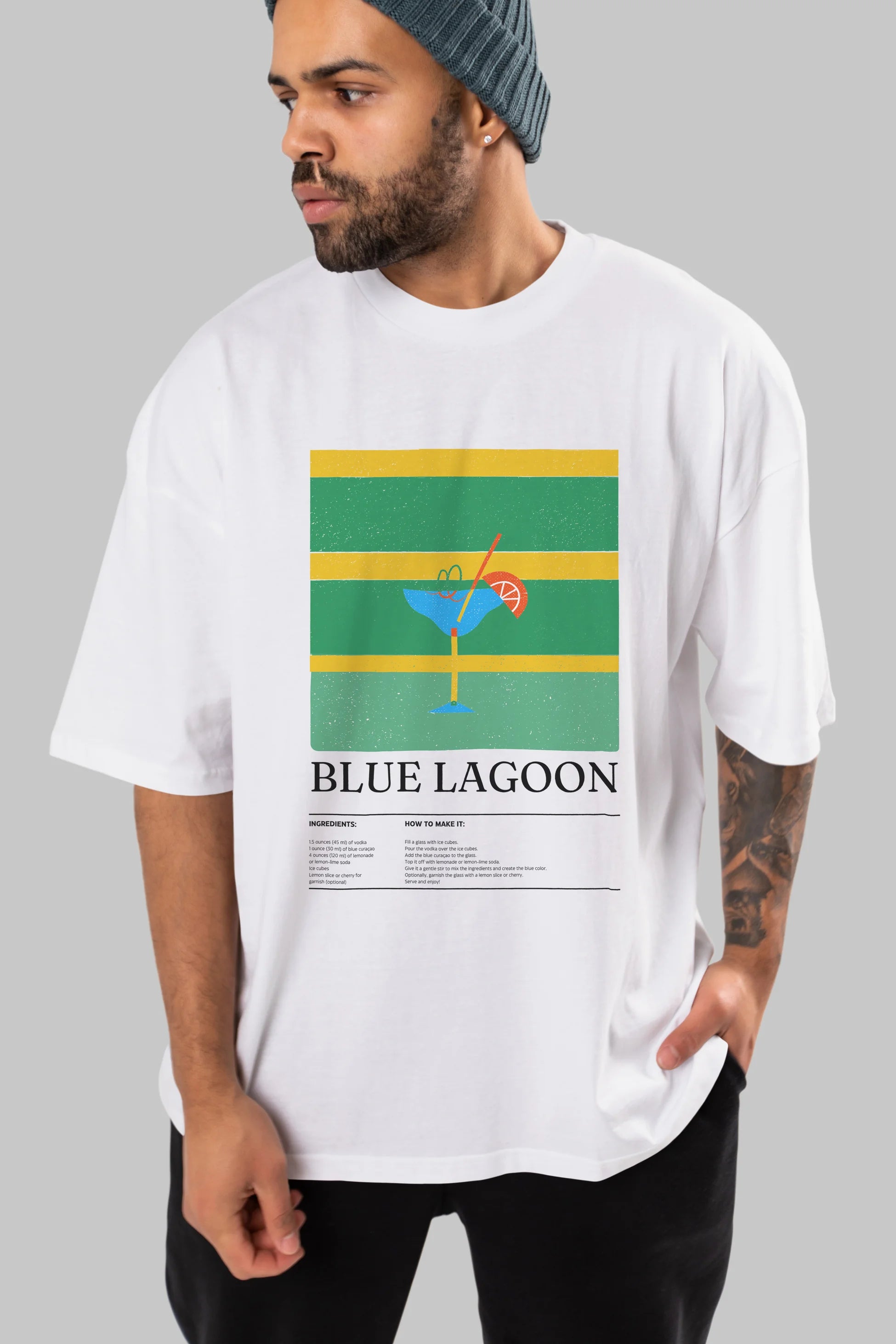 Blue Lagoon Kokteyl Ön Baskılı Oversize t-shirt Erkek Kadın %100 Pamuk Bisiklet Yaka tişort