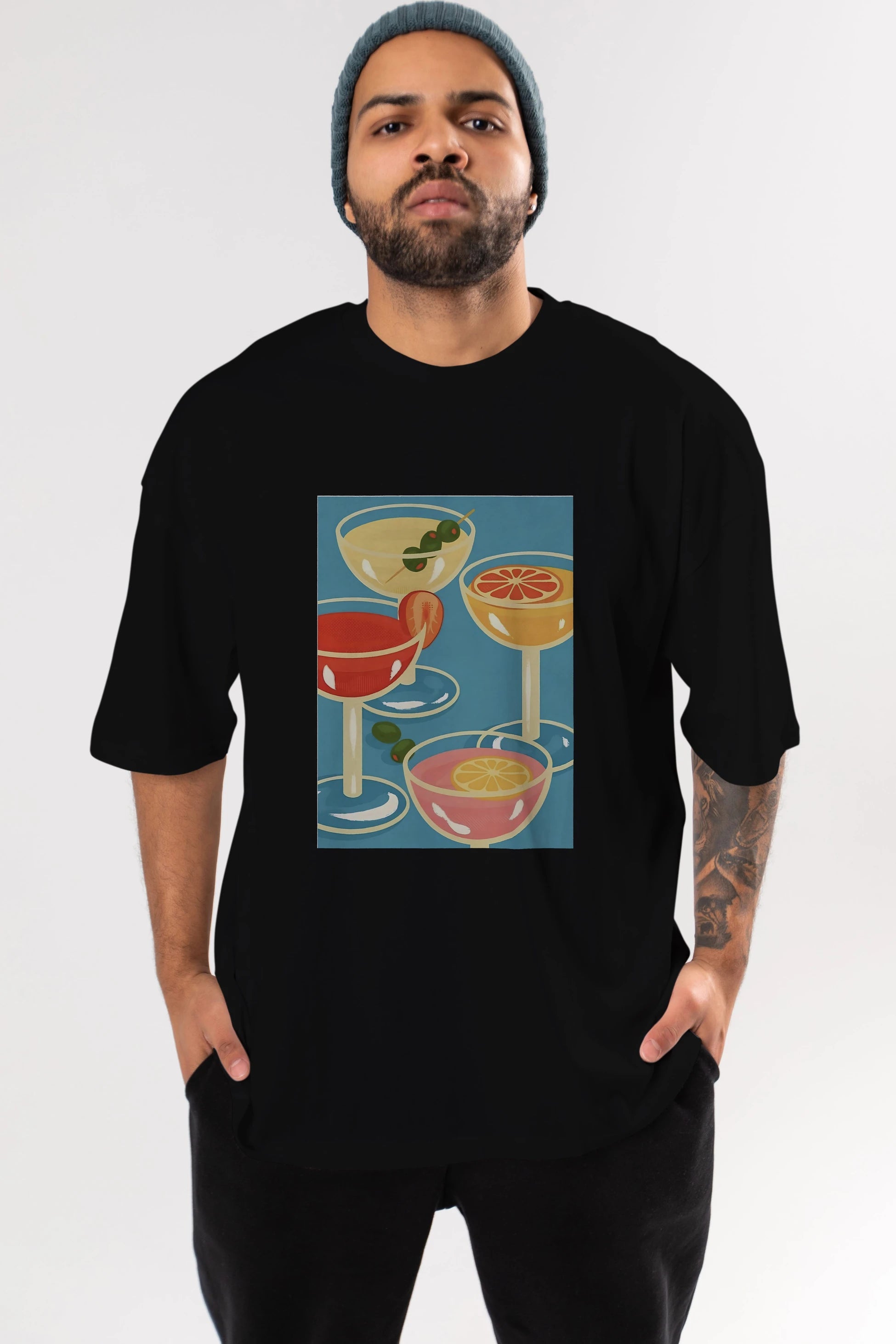 Cocktails Ön Baskılı Oversize t-shirt Erkek Kadın Unisex %100 Pamuk Bisiklet Yaka tişort