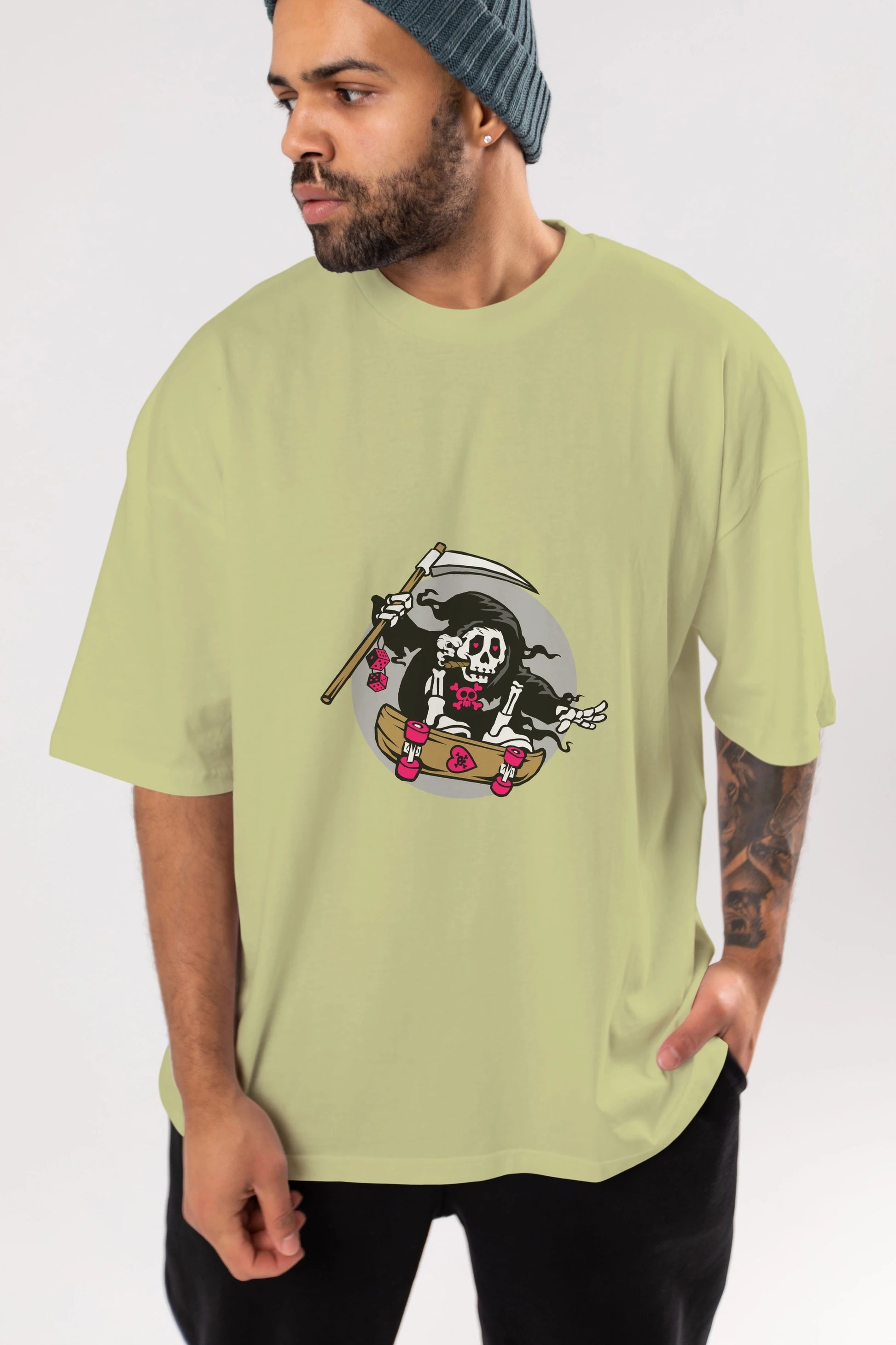 Grim Skater Ön Baskılı Oversize t-shirt Erkek Kadın Unisex %100 Pamuk tişort