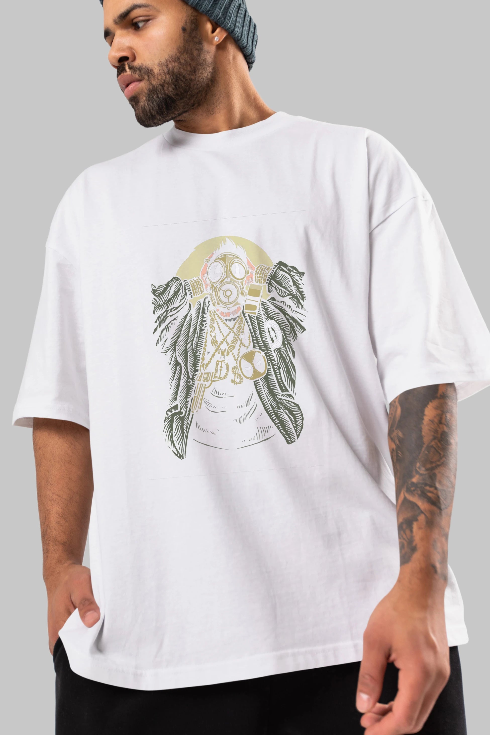 Gasmask Gangsta Ön Baskılı Oversize t-shirt Erkek Kadın Unisex %100 Pamuk tişort