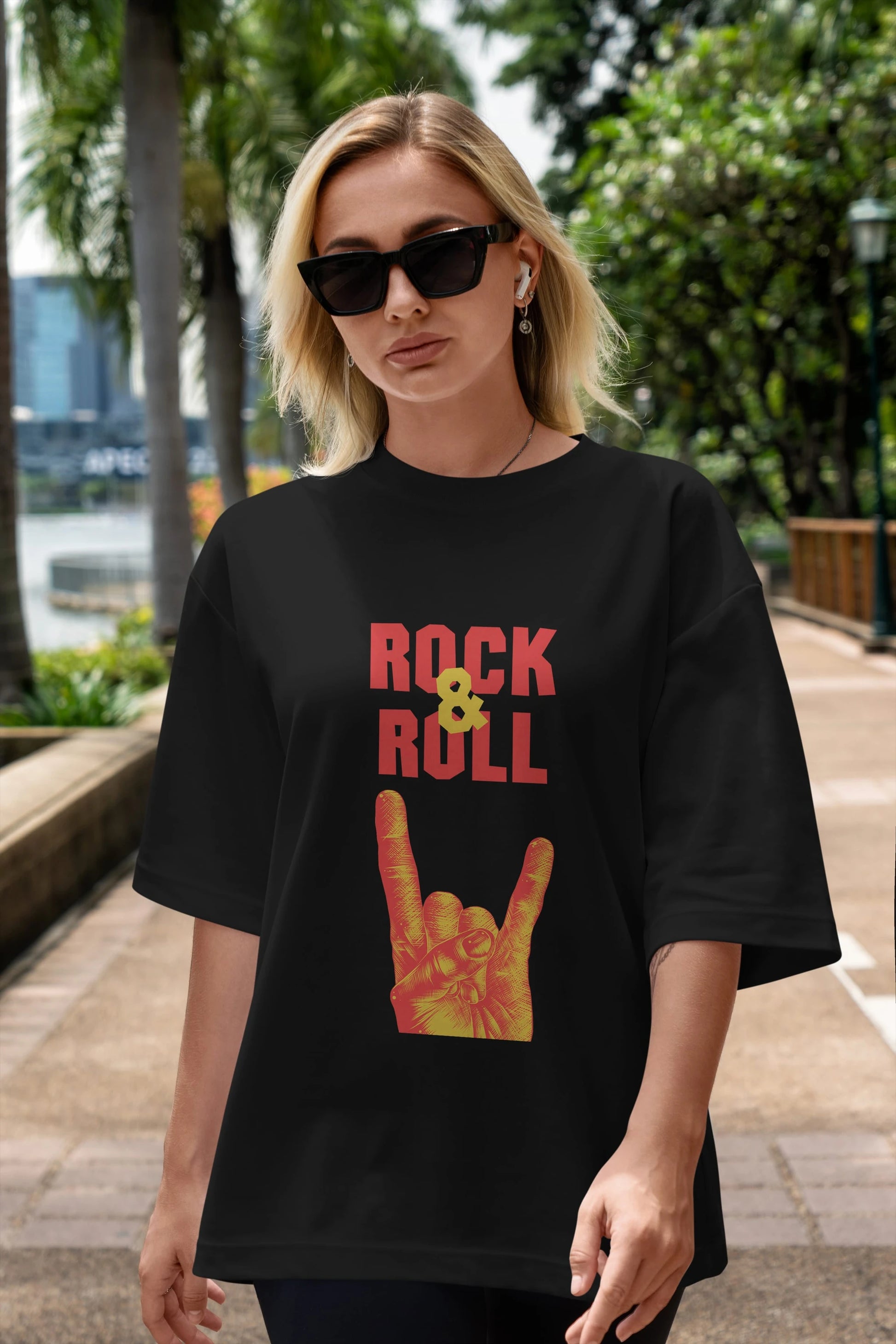 Rock & Roll Yazılı Ön Baskılı Oversize t-shirt Erkek Kadın Unisex