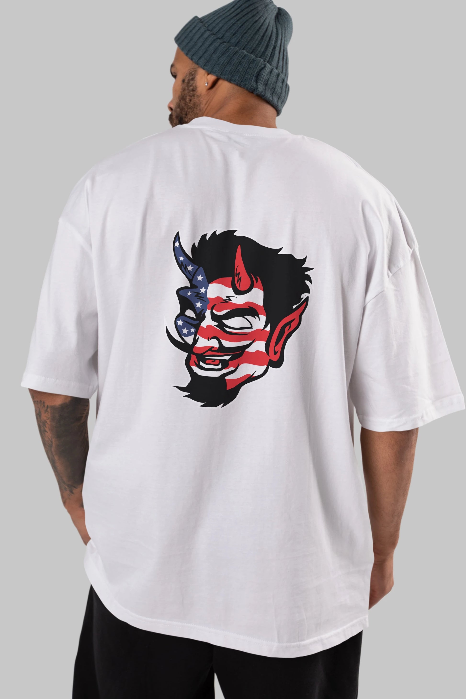 American Devil Arka Baskılı Oversize t-shirt Erkek Kadın Unisex %100 Pamuk tişort