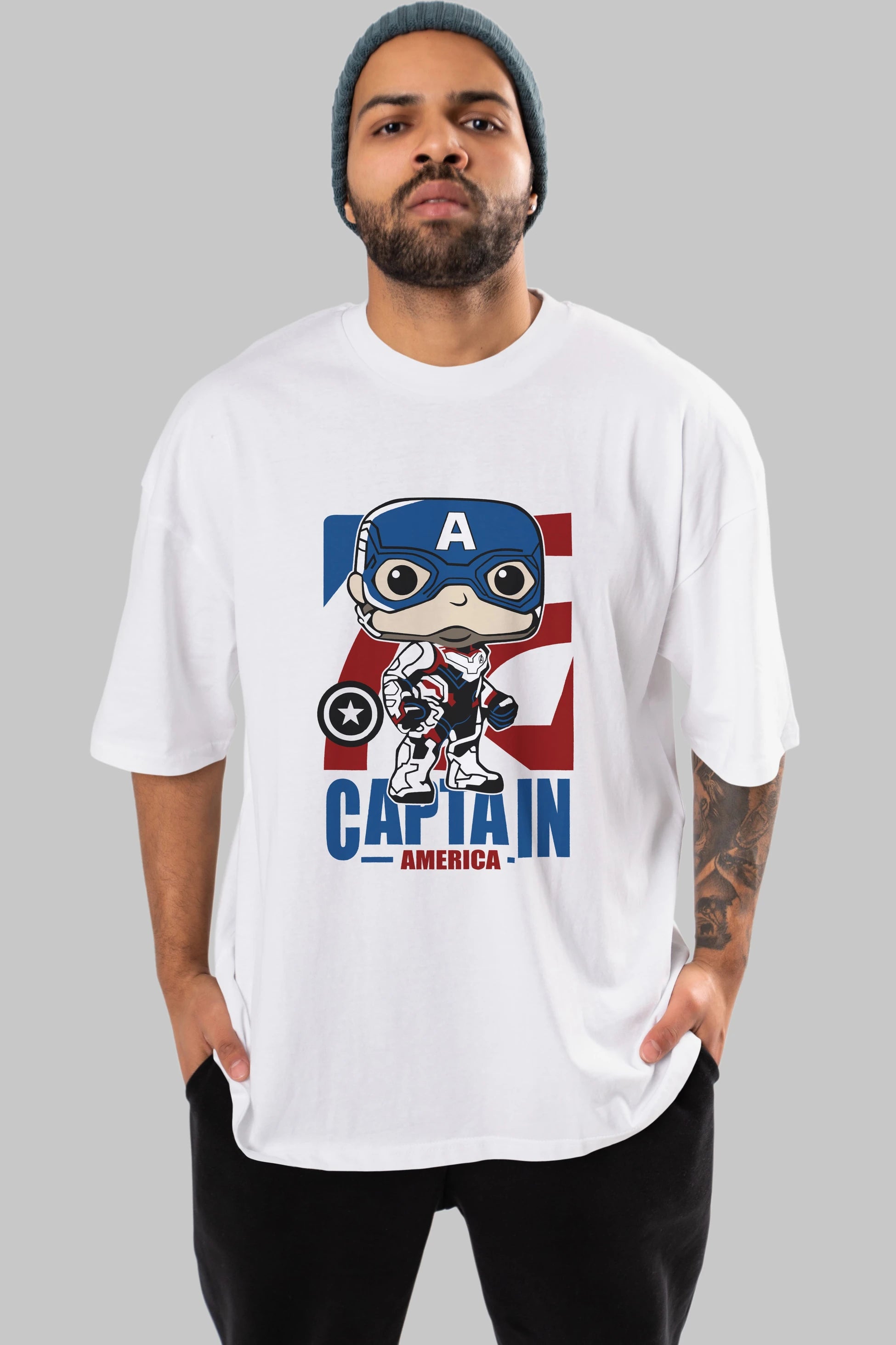 Captain America Ön Baskılı Oversize t-shirt Erkek Kadın Unisex %100 Pamuk Bisiklet Yaka tişort