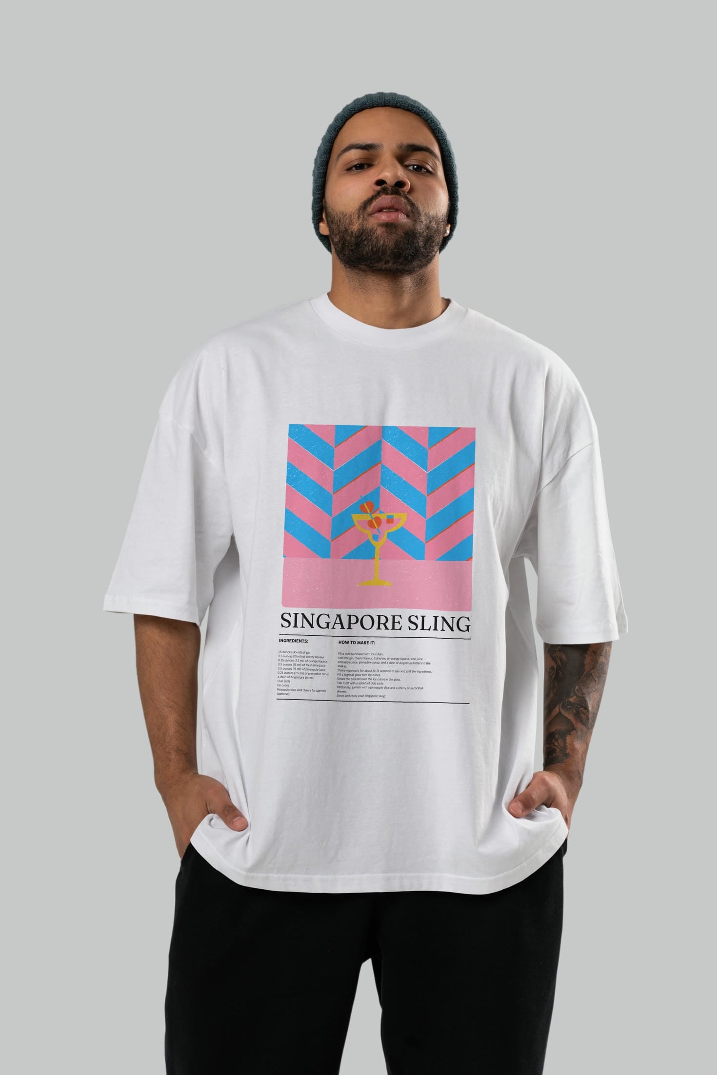 Sıngapore Sling Kokteyl Ön Baskılı Oversize t-shirt Erkek Kadın %100 Pamuk Bisiklet Yaka tişort