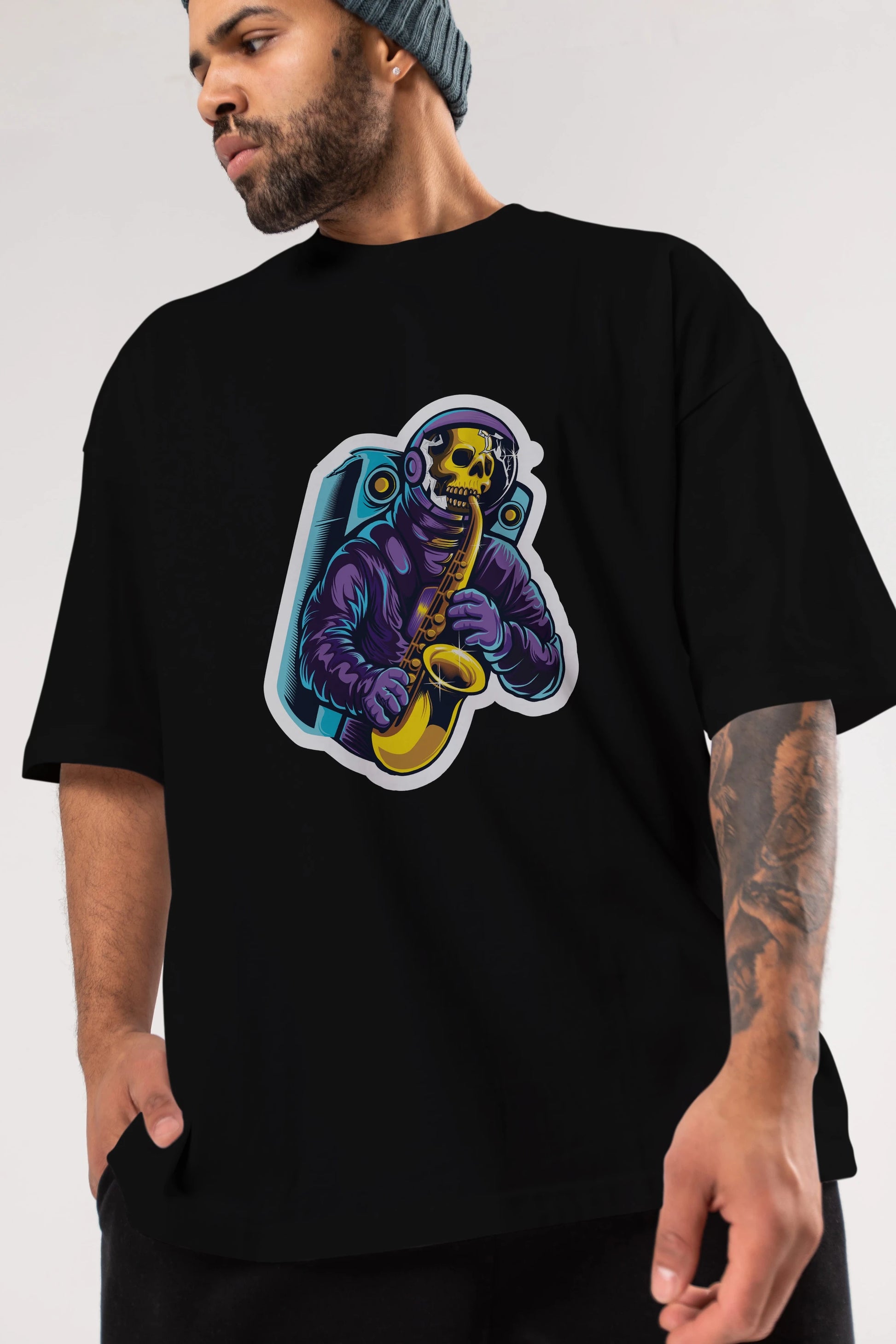 Astroskull Saxophonist Sticker Ön Baskılı Oversize t-shirt Erkek Kadın Unisex
