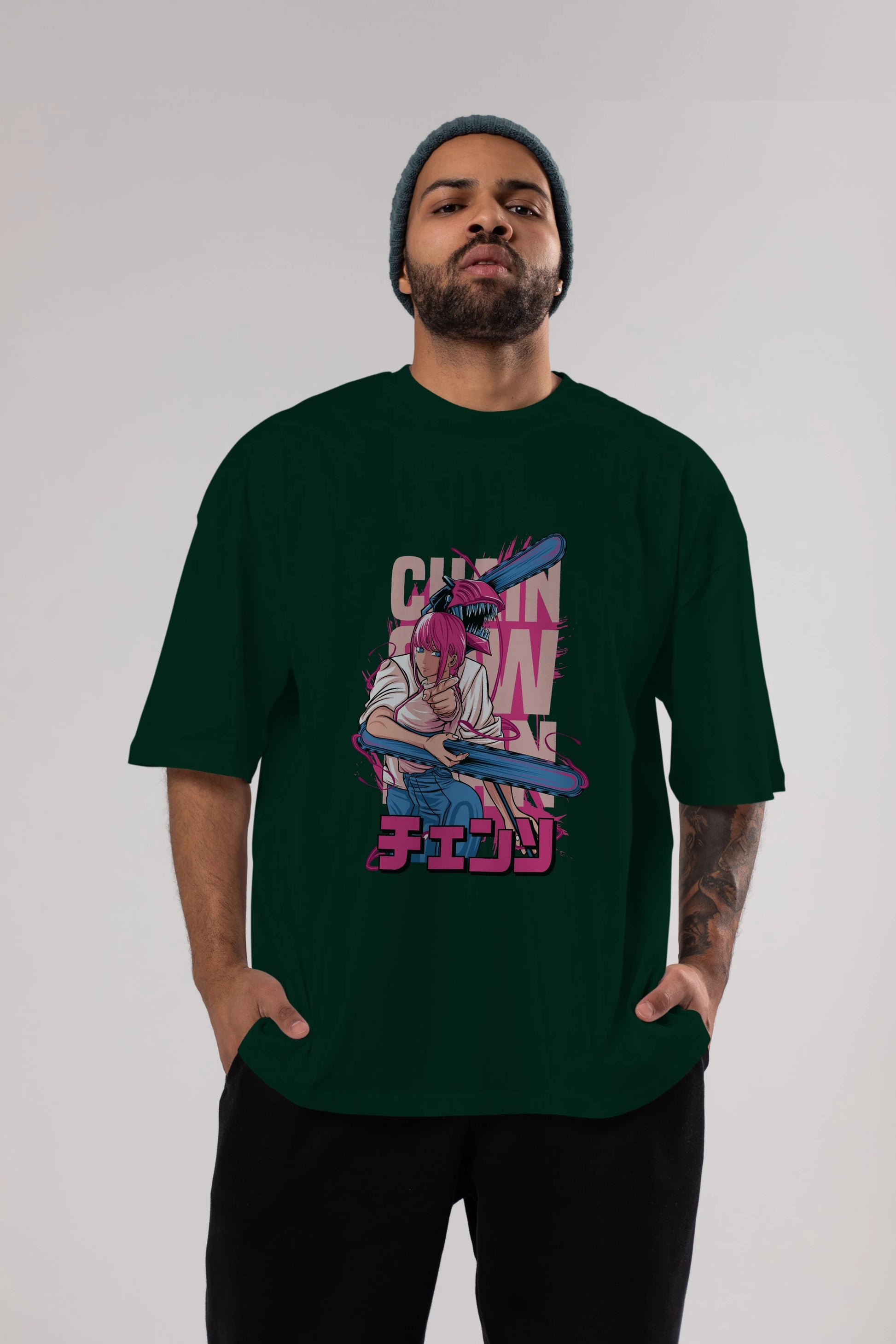 DENJI and MAKIMA Anime Ön Baskılı Oversize t-shirt %100 pamuk Erkek Kadın Unisex