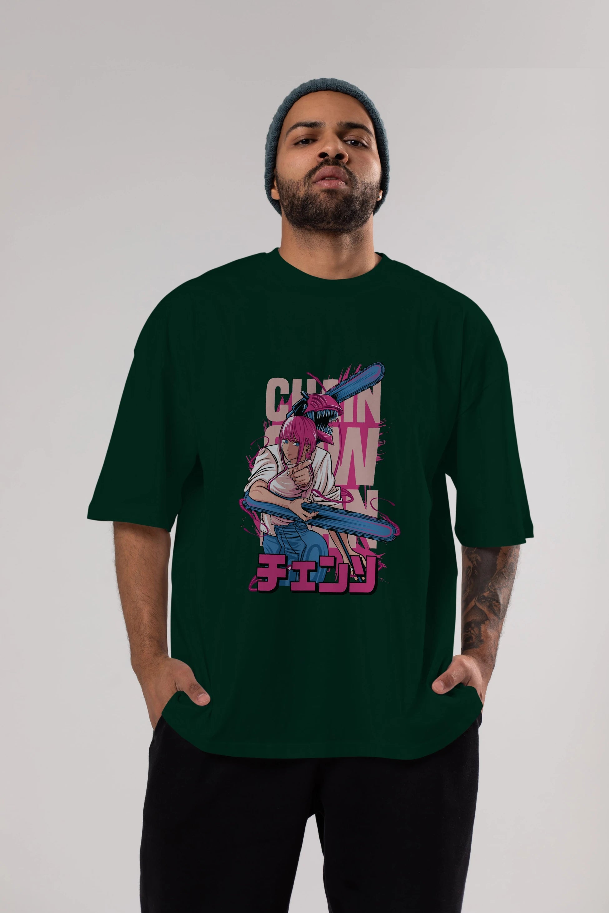 DENJI and MAKIMA Anime Ön Baskılı Oversize t-shirt %100 pamuk Erkek Kadın Unisex