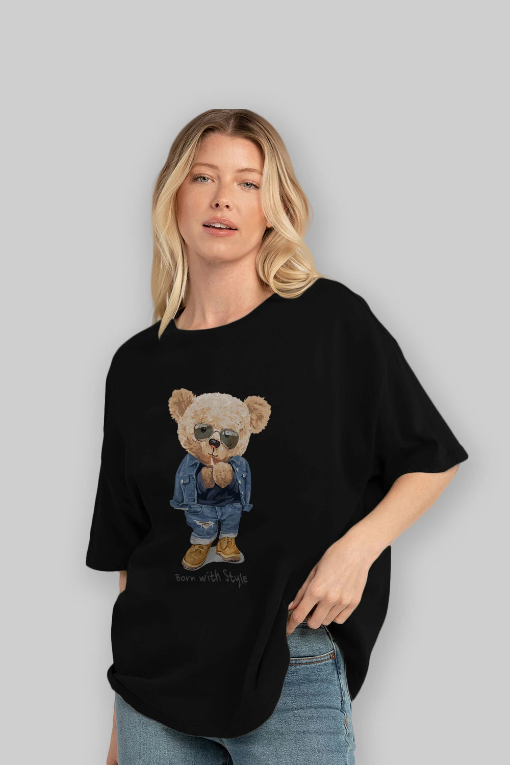 Teddy Bear Born With Style Ön Baskılı Oversize t-shirt Erkek Kadın Unisex %100 Pamuk