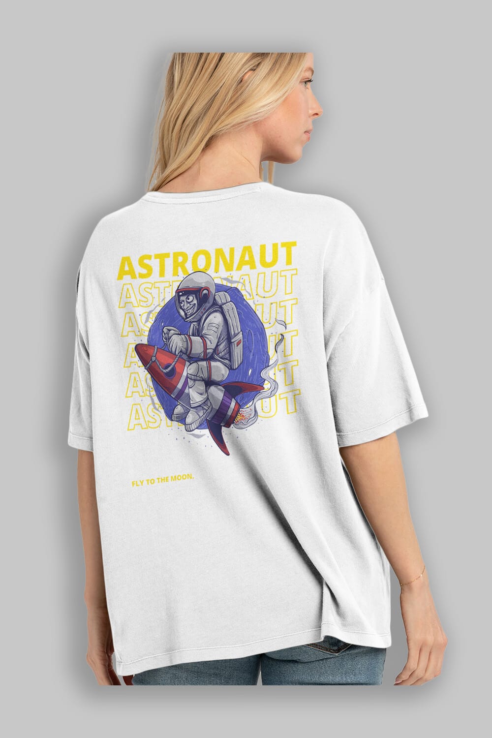 Astronaut Fly to the Moon Yazılı Arka Baskılı Oversize t-shirt Erkek Kadın Unisex