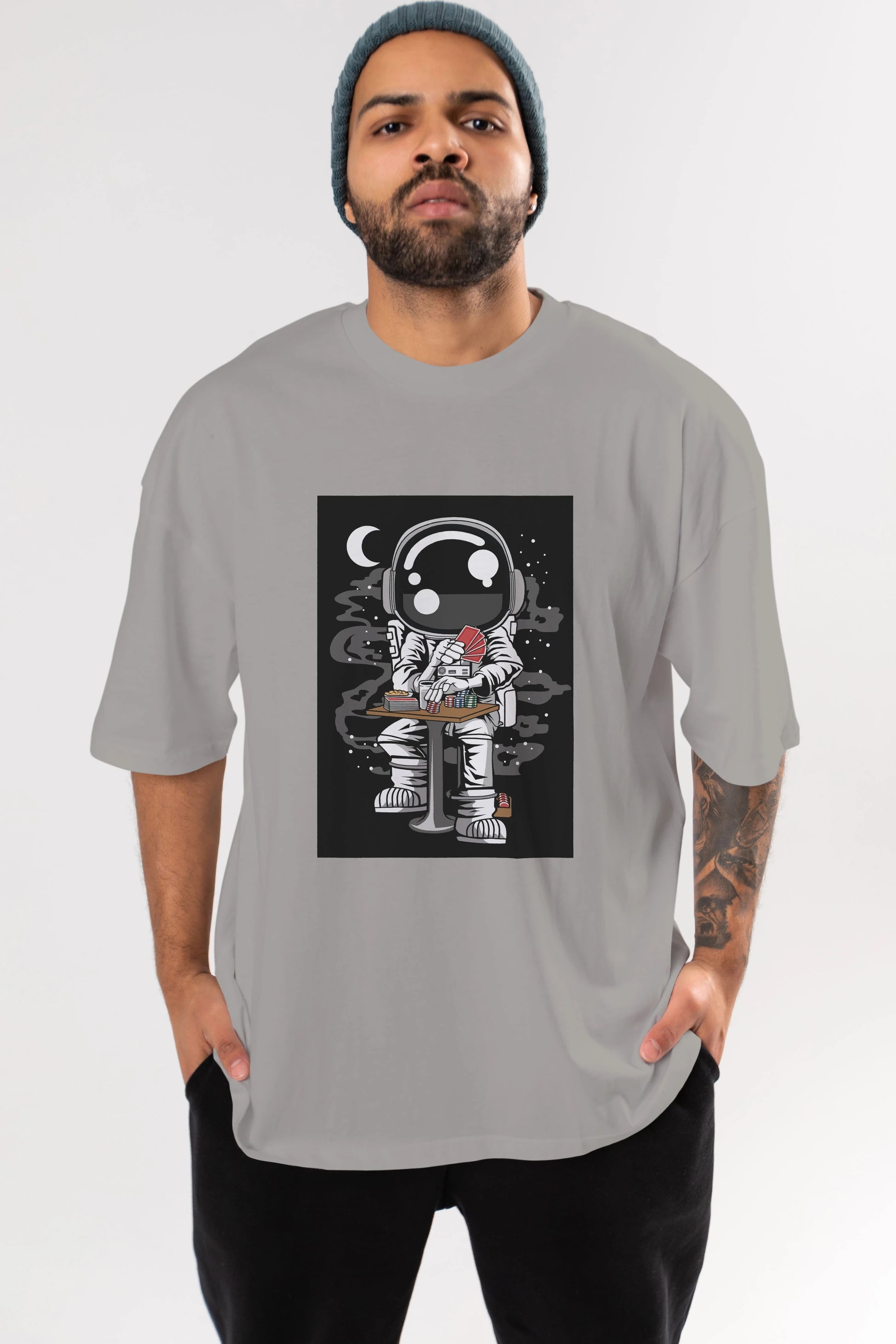 Astronaut Gambler Ön Baskılı Oversize t-shirt Erkek Kadın Unisex