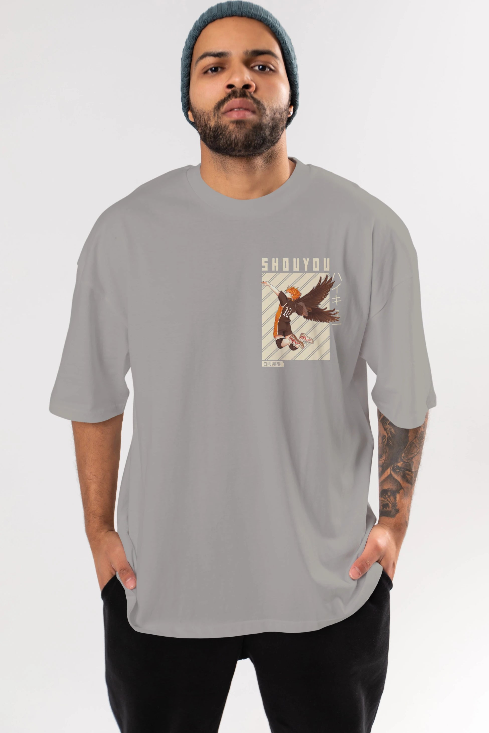 Shouyou Hinata 3 Ön Sol Baskılı Oversize t-shirt Erkek Kadın Unisex %100 Pamuk Bisiklet Yaka tişort