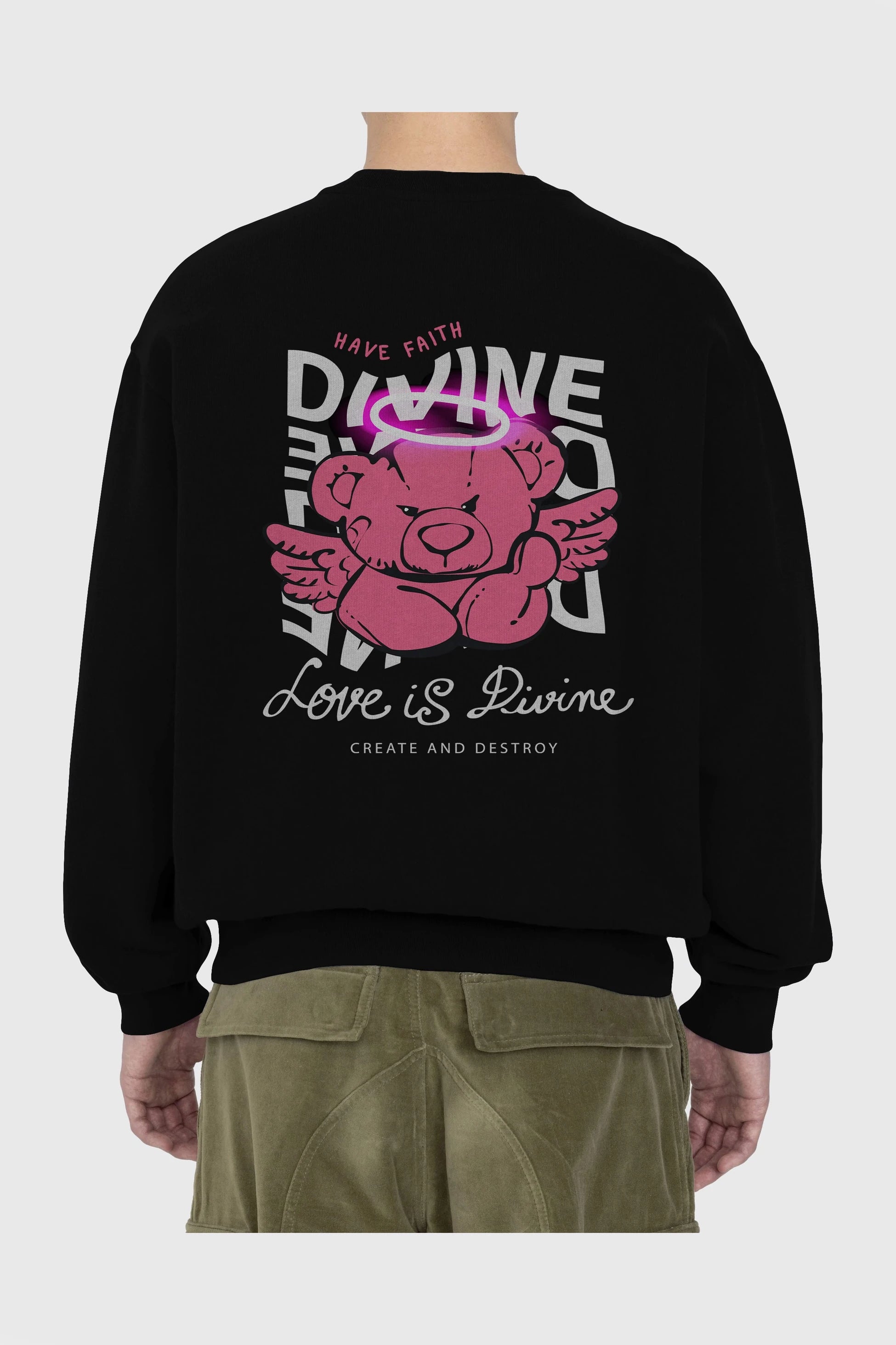 Love is Divine Bear Arka Baskılı Oversize Sweatshirt Erkek Kadın Unisex