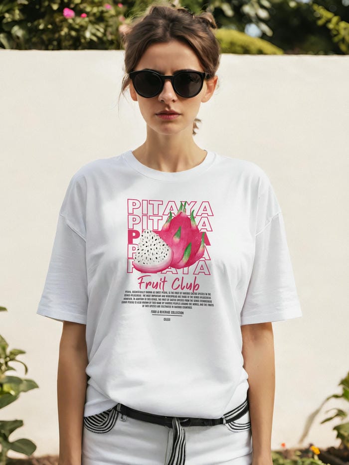 Pitaya Ön Baskılı Oversize t-shirt Erkek Kadın Pamuk Bisiklet Yaka tişort