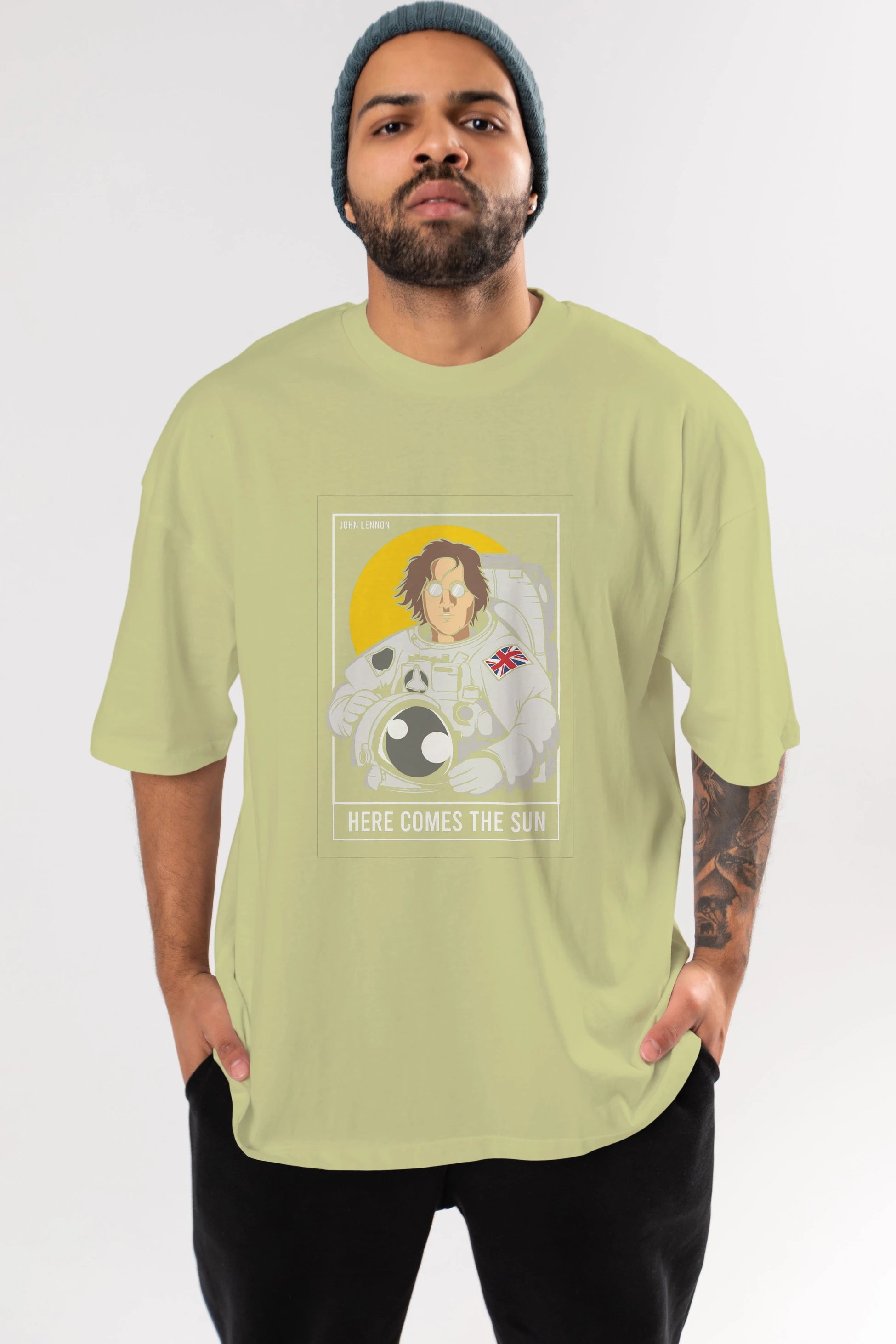 John Lennon Astronot Ön Baskılı Oversize t-shirt Erkek Kadın Unisex %100 Pamuk tişort