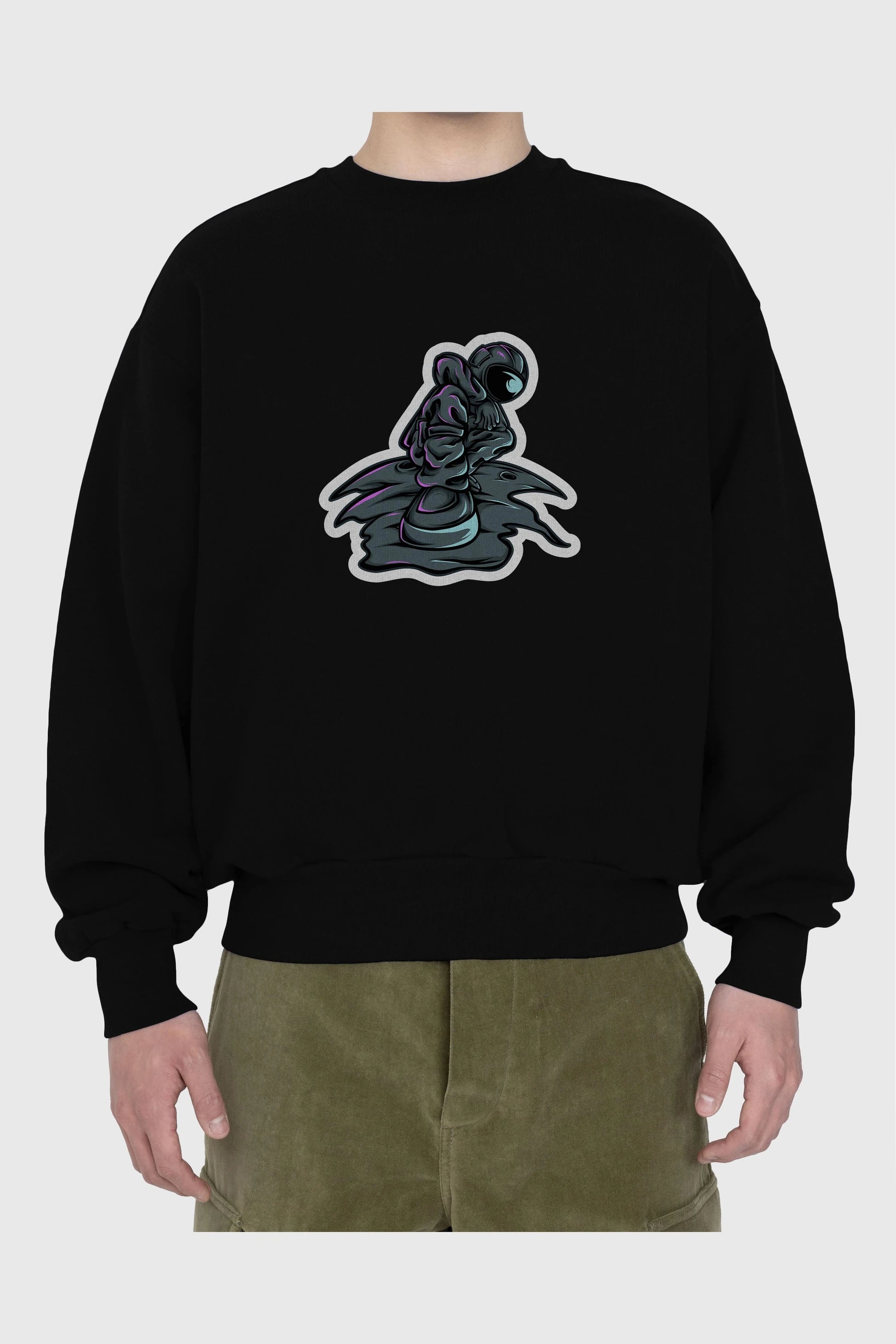 Stylish Astronaut Sticker Ön Baskılı Oversize Sweatshirt Erkek Kadın Unisex