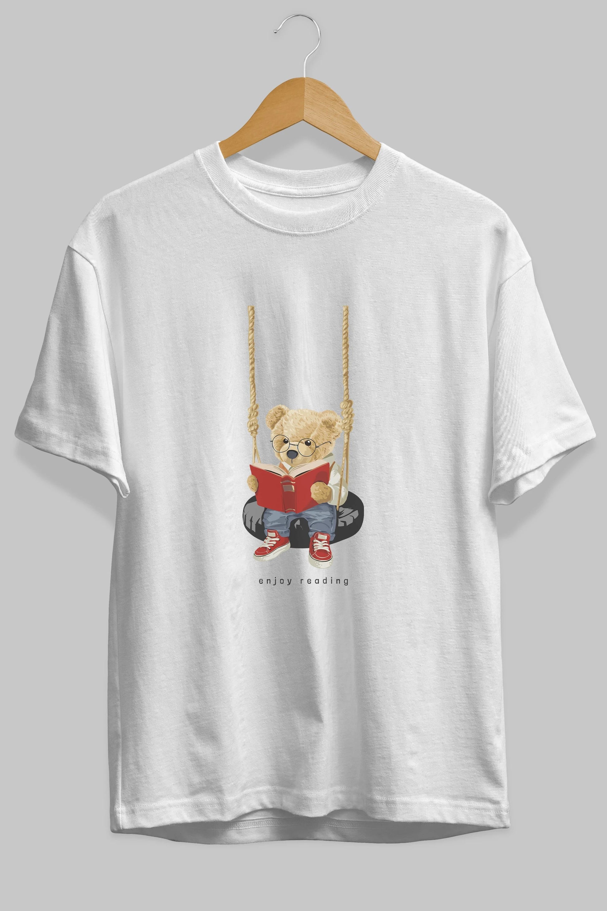 Teddy Bear Enjoy Reading Ön Baskılı Oversize t-shirt Erkek Kadın Unisex %100 Pamuk