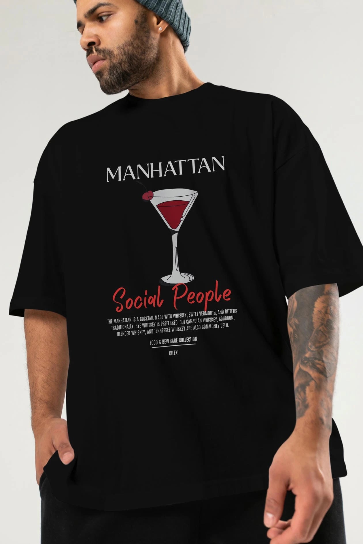 Manhattan Kokteyl Serisi ön Baskılı Oversize t-shirt Erkek Kadın %100 Pamuk Bisiklet Yaka tişort