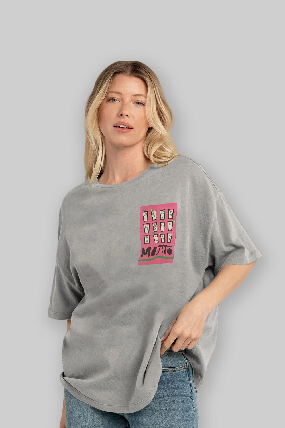 Mojito Ön Sol Baskılı Oversize t-shirt Erkek Kadın Unisex %100 Pamuk Bisiklet Yaka tişort