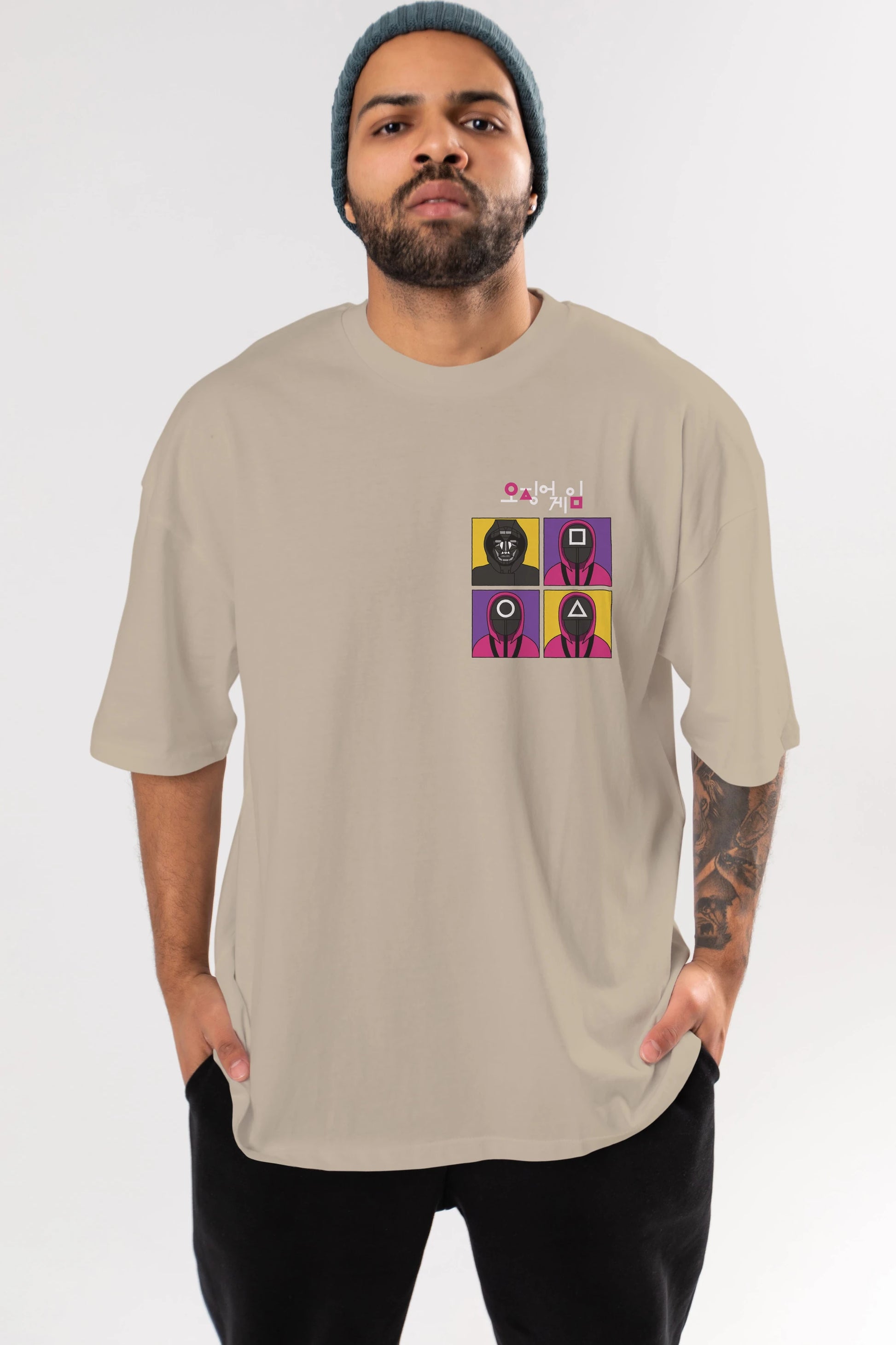 Squid Game (1) Ön Sol Baskılı Oversize t-shirt Erkek Kadın Unisex %100 Pamuk Bisiklet Yaka tişort