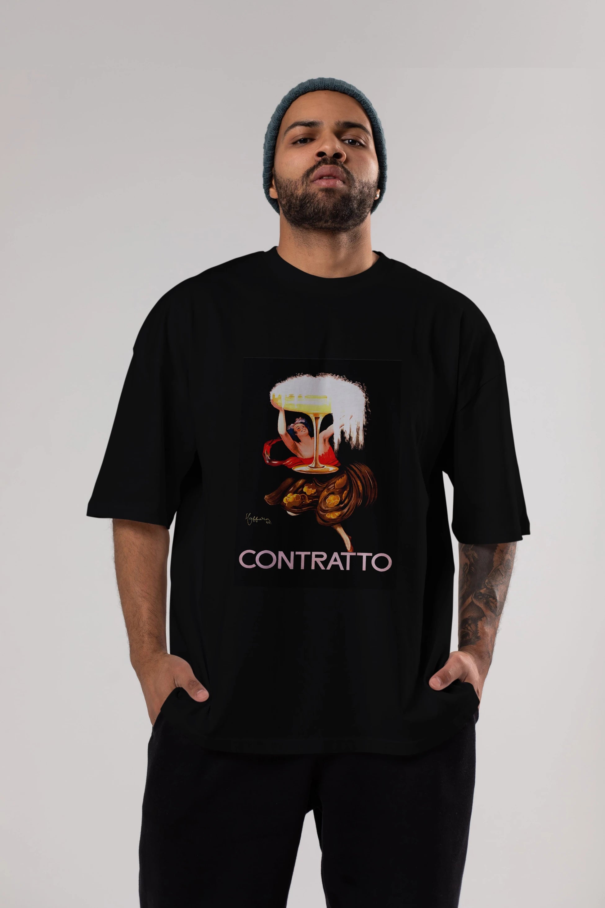 Contratto Ön Baskılı Oversize t-shirt Erkek Kadın Unisex %100 Pamuk Bisiklet Yaka tişort