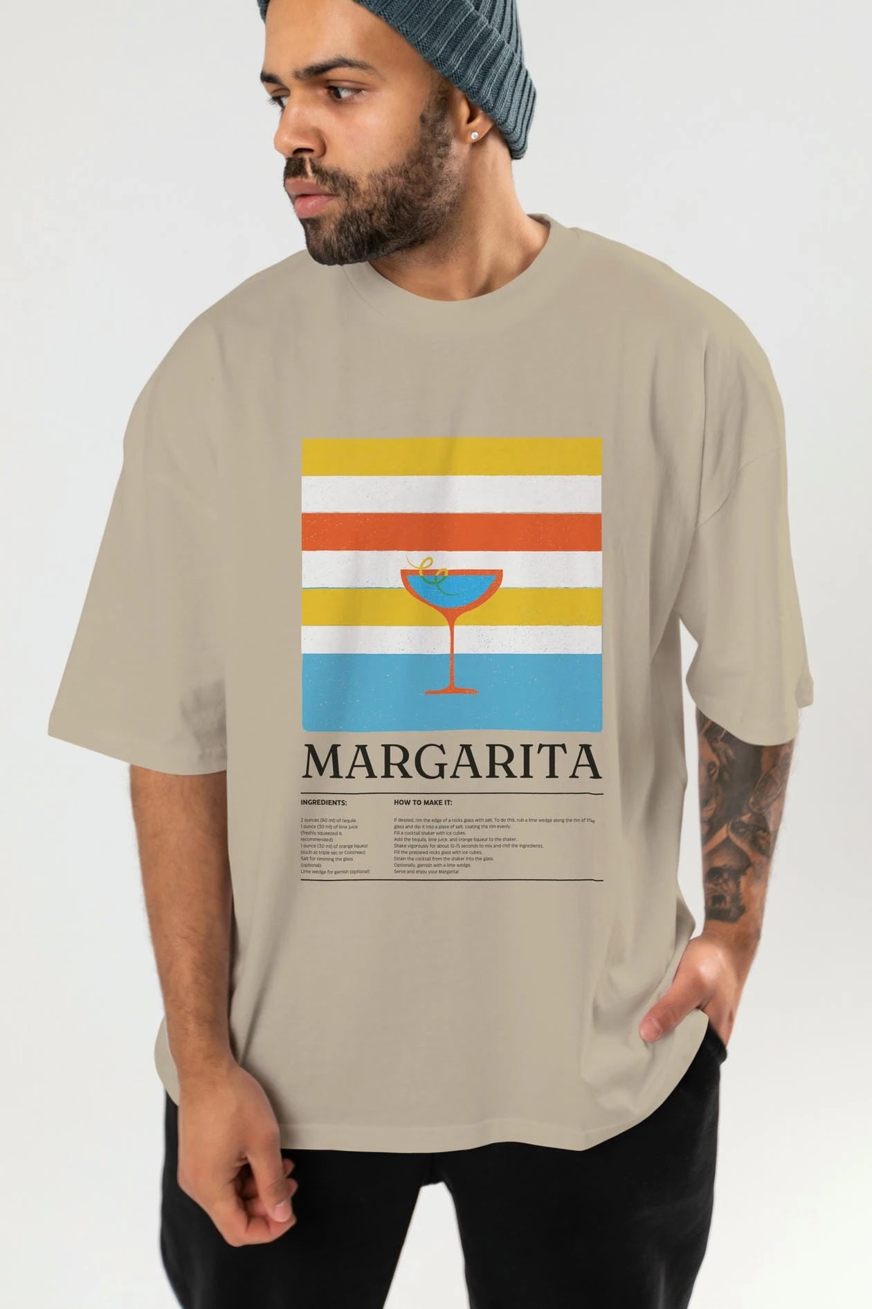 Margarita Kokteyl Ön Baskılı Oversize t-shirt Erkek Kadın %100 Pamuk Bisiklet Yaka tişort