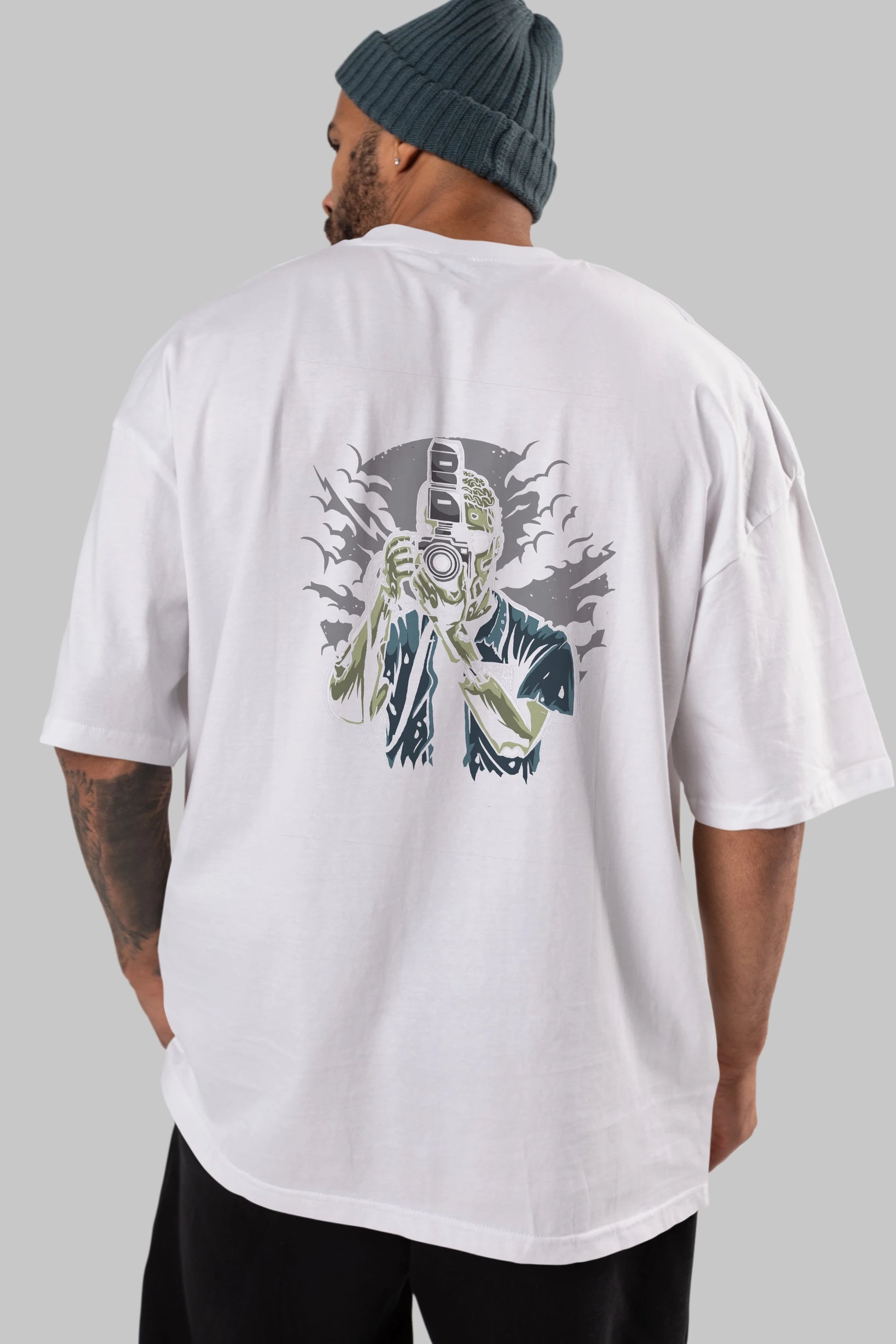 Zombie Photographer Arka Baskılı Oversize t-shirt Erkek Kadın Unisex %100 Pamuk
