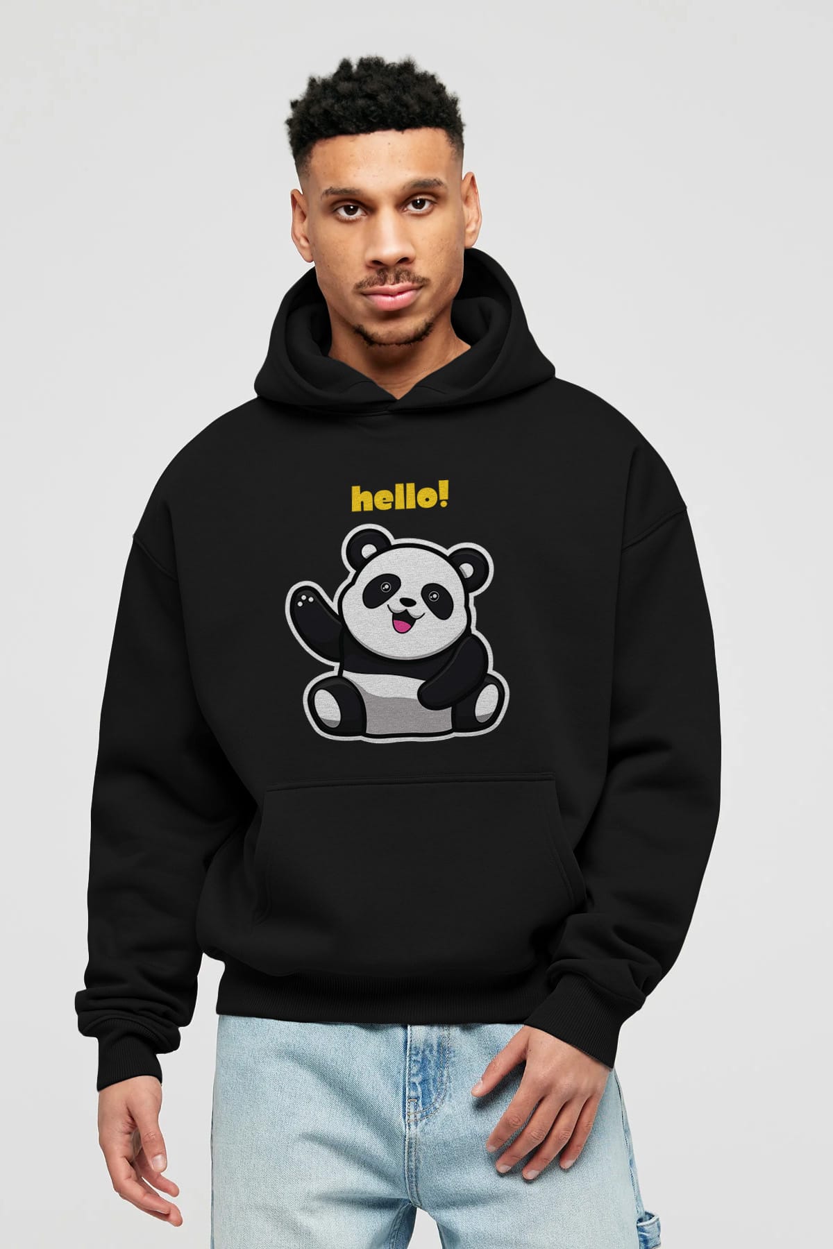 Hello Panda Ön Baskılı Oversize Hoodie Kapüşonlu Sweatshirt Erkek Kadın Unisex