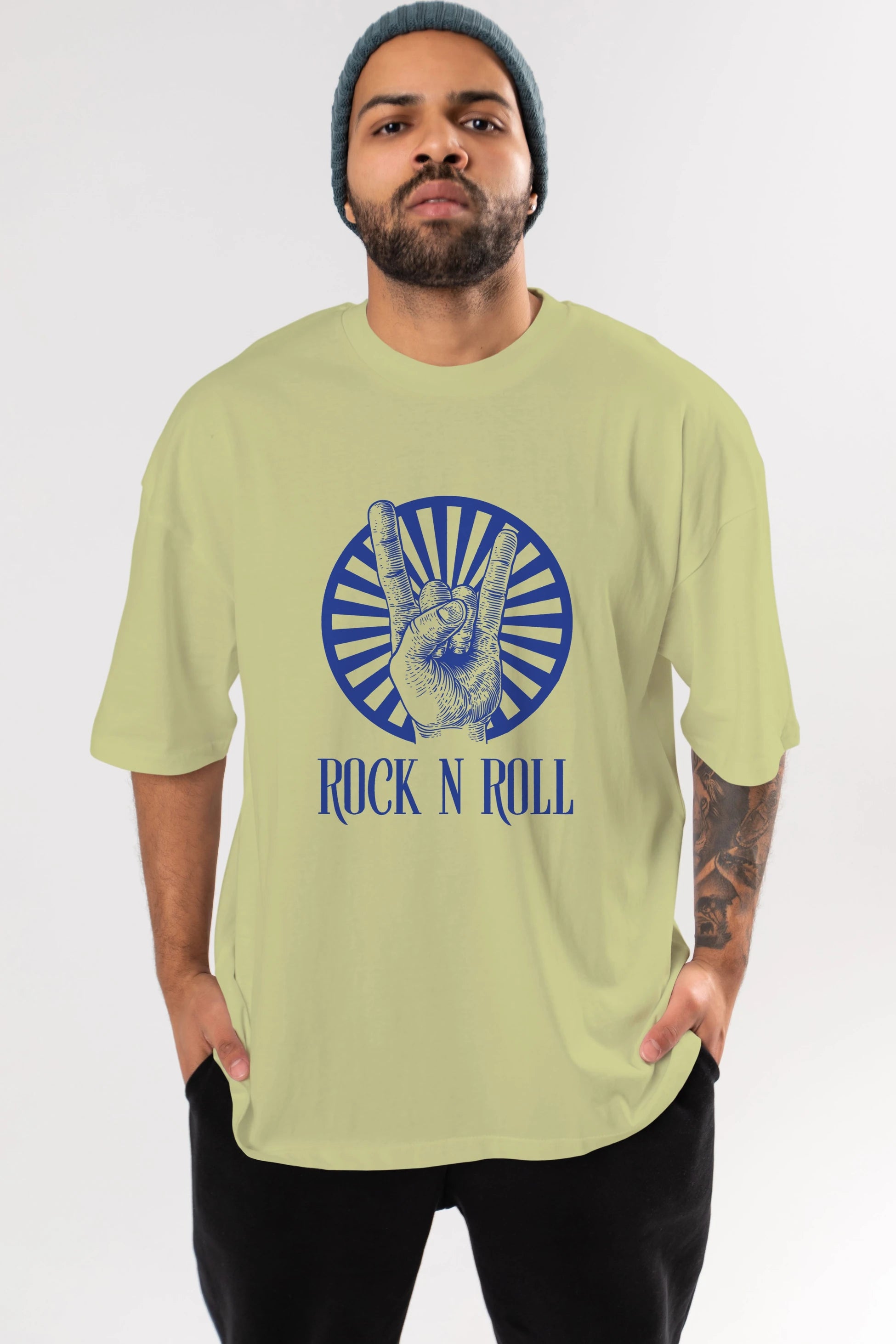 Rock N Roll Yazılı Ön Baskılı Oversize t-shirt Erkek Kadın Unisex