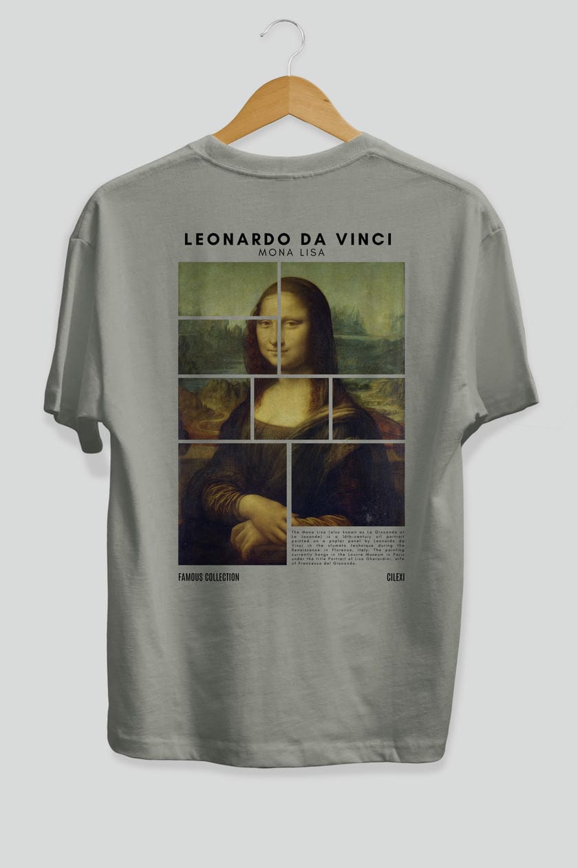 Leonardo Da Vinci Mona Lisa Arka Baskılı Oversize t-shirt Erkek Kadın Bisiklet Yaka Pamuk tişort