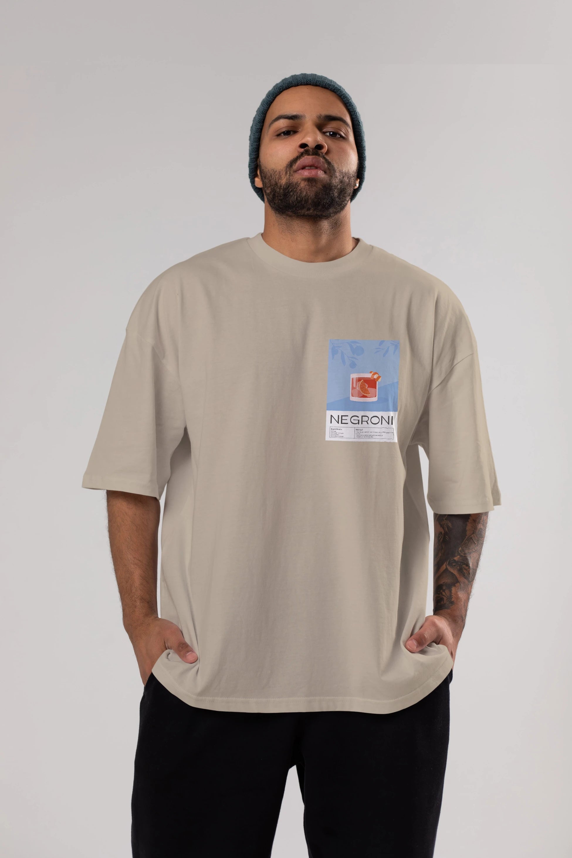 Negroni Ön Sol Baskılı Oversize t-shirt Erkek Kadın Unisex %100 Pamuk Bisiklet Yaka tişort