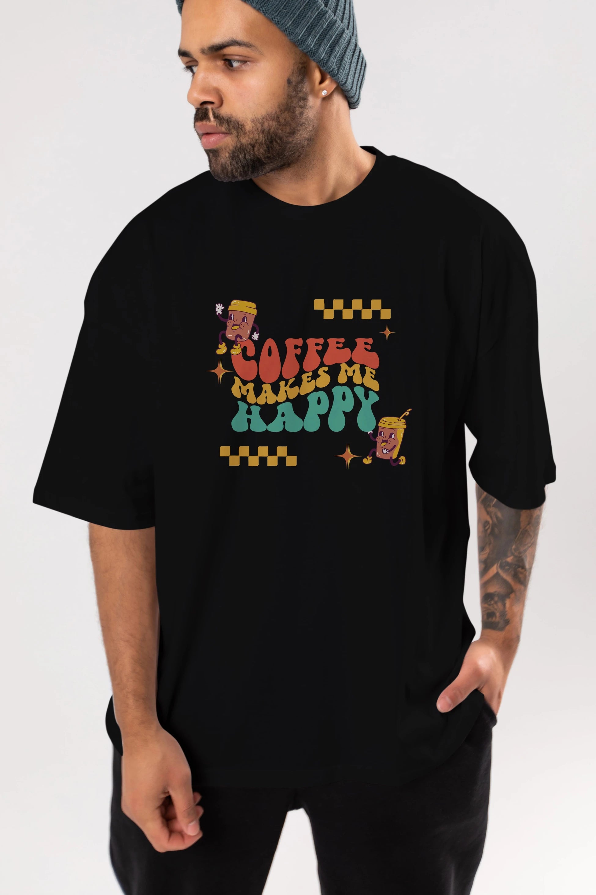 Coffee Makes Me Happy Yazılı Ön Baskılı Oversize t-shirt Erkek Kadın Unisex