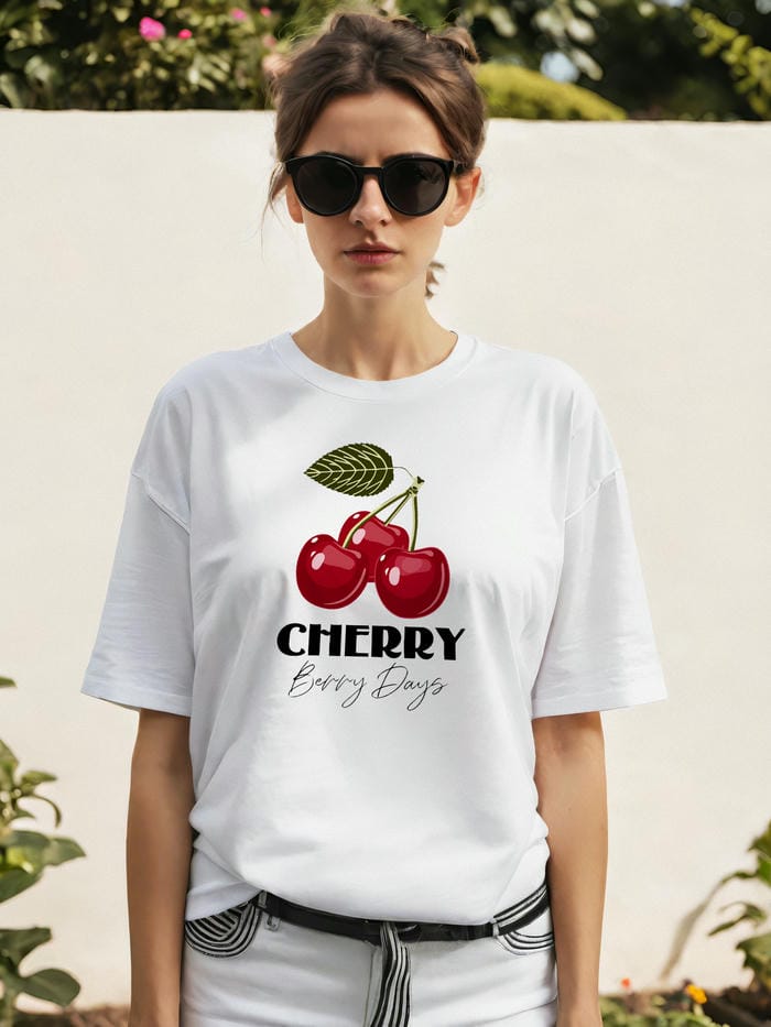 Cherry Cherries 12 Ön Baskılı Oversize t-shirt Erkek Kadın Pamuk Bisiklet Yaka tişort