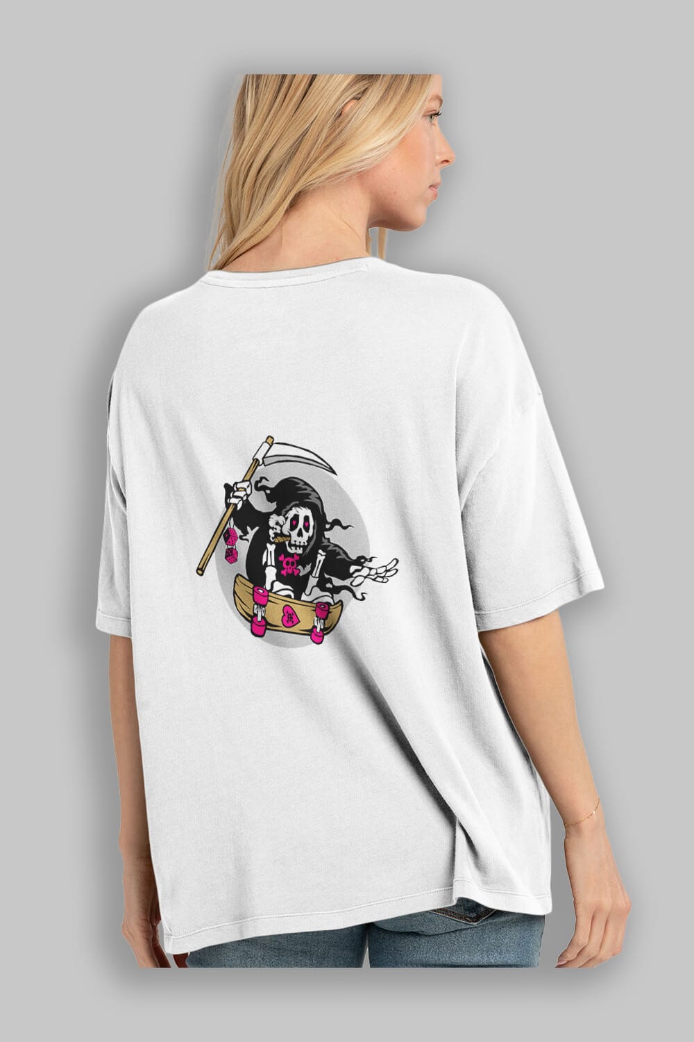 Grim Skater Arka Baskılı Oversize t-shirt Erkek Kadın Unisex %100 Pamuk tişort