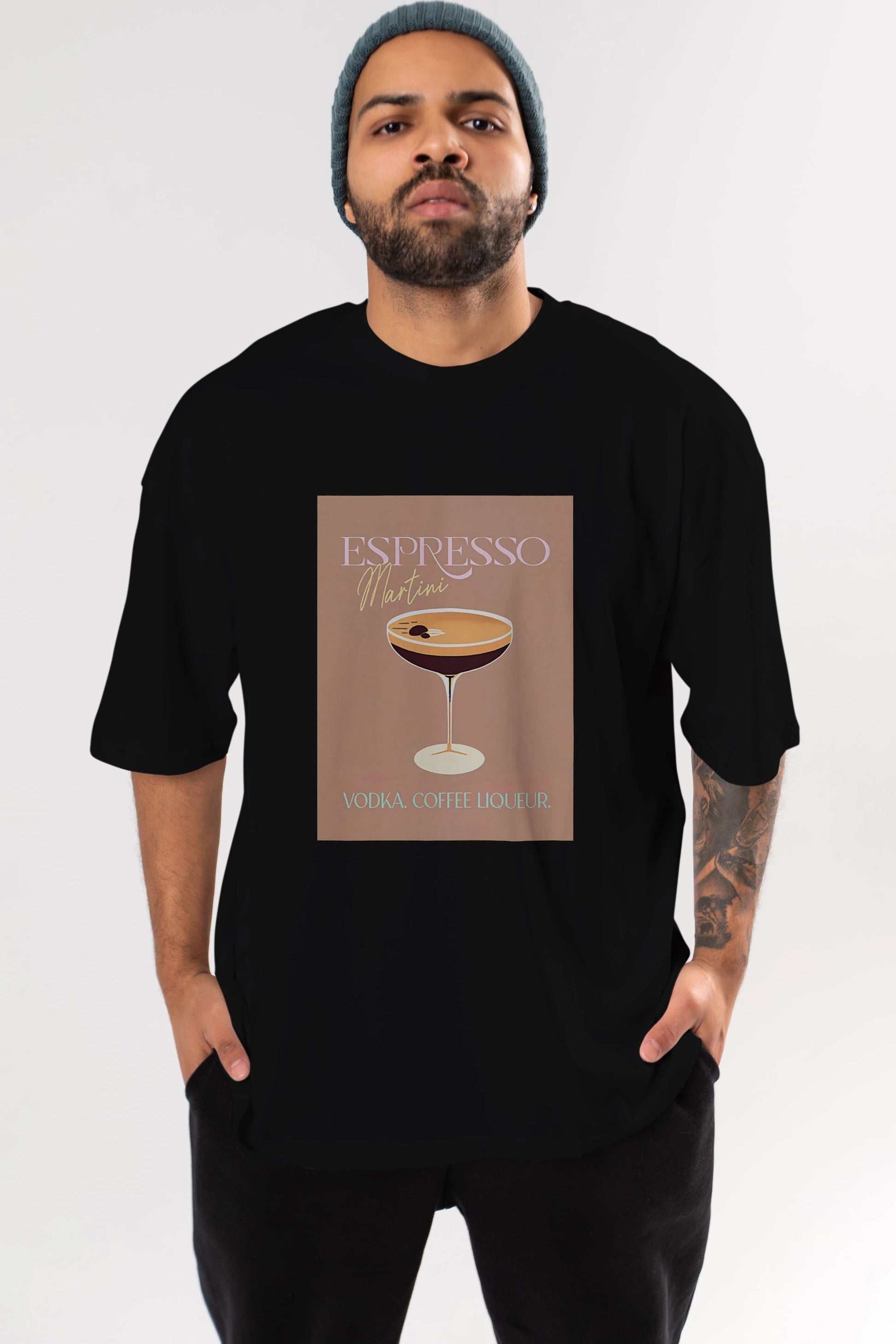 Espresso Martini Cocktail Ön Baskılı Oversize t-shirt Erkek Kadın Unisex %100 Pamuk Bisiklet Yaka tişort