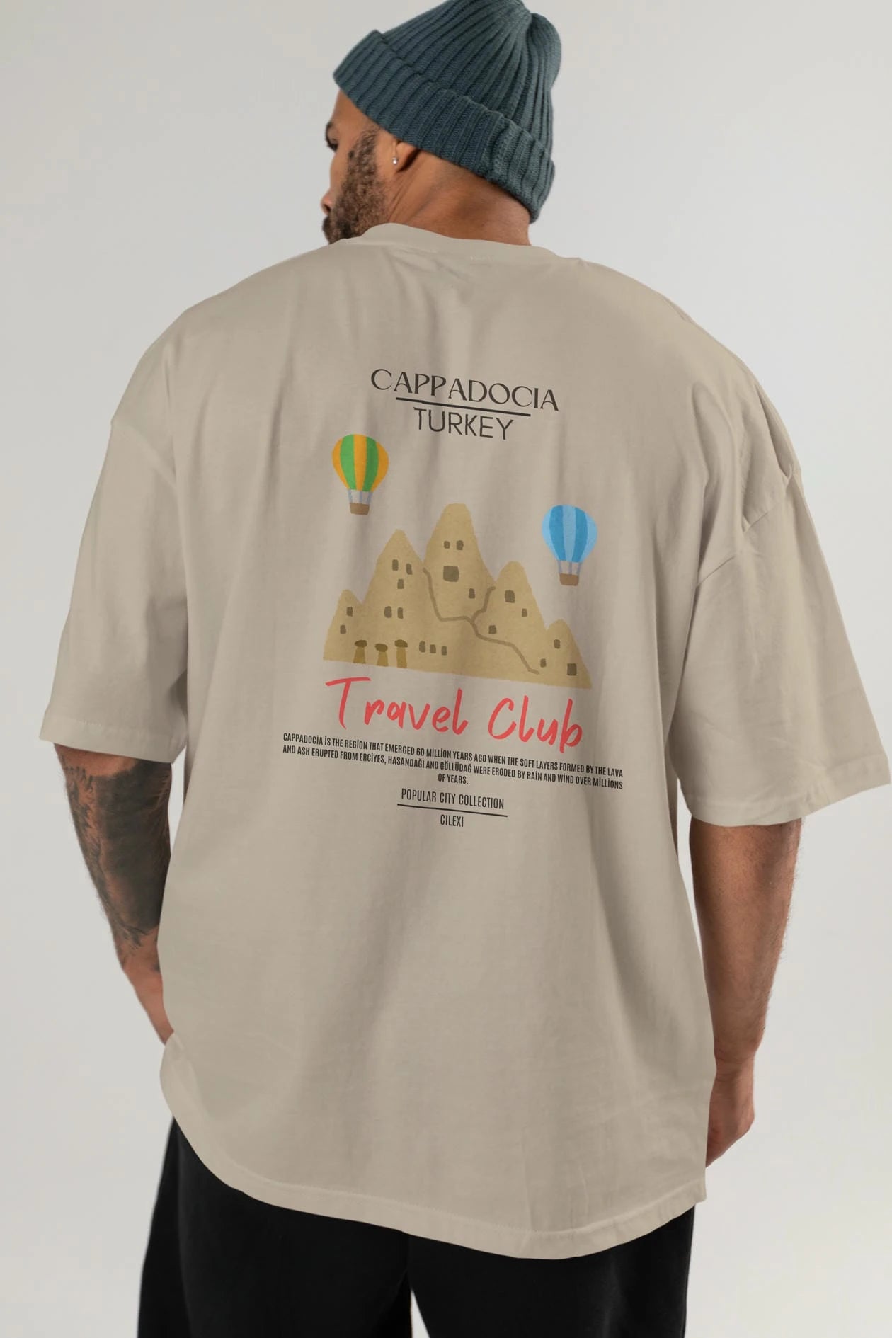 Cappadocia Turkey Arka Baskılı Oversize t-shirt Erkek Kadın Pamuk Bisiklet Yaka tişort