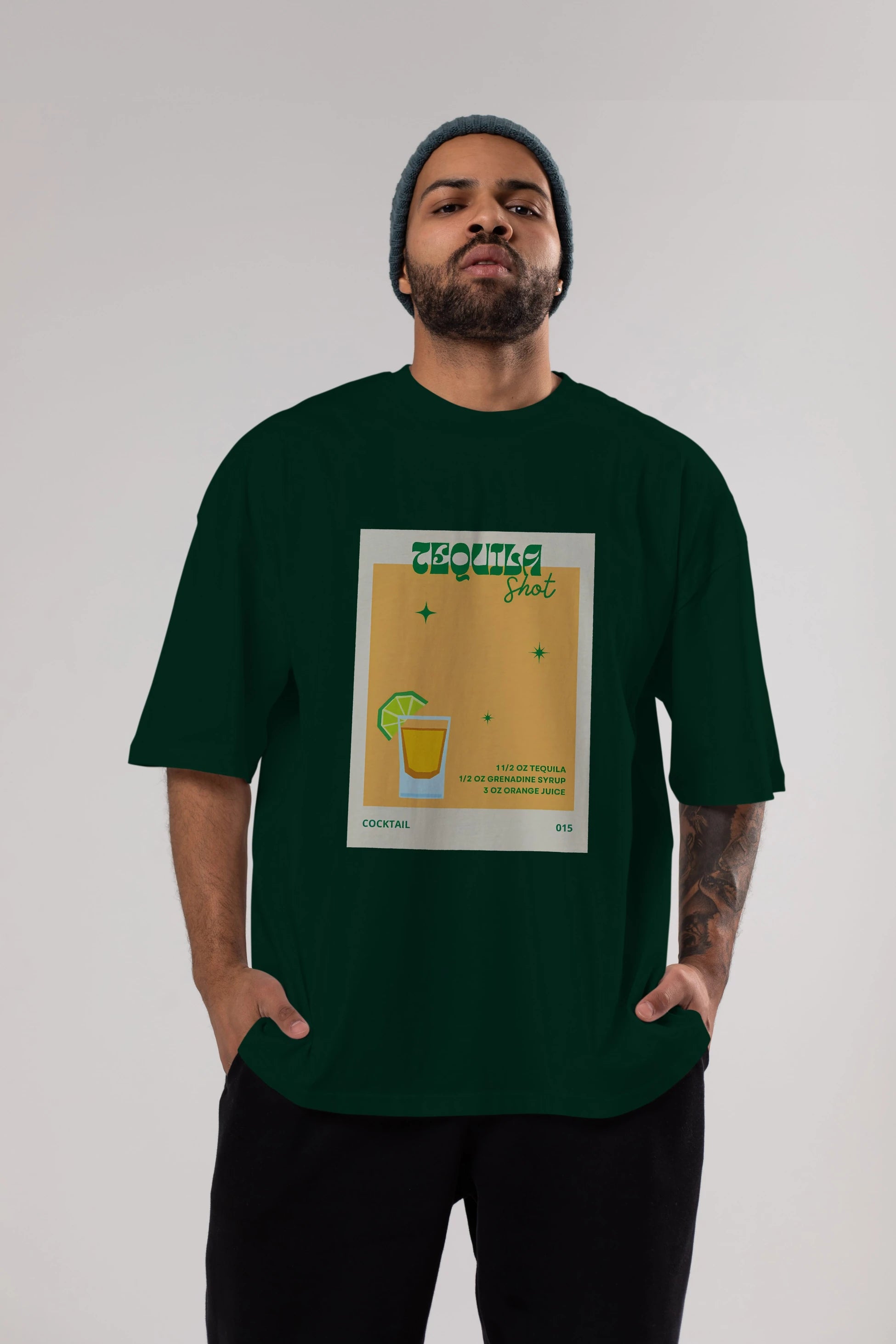 Tequila Shot 2 Ön Baskılı Oversize t-shirt Erkek Kadın Unisex %100 Pamuk Bisiklet Yaka tişort
