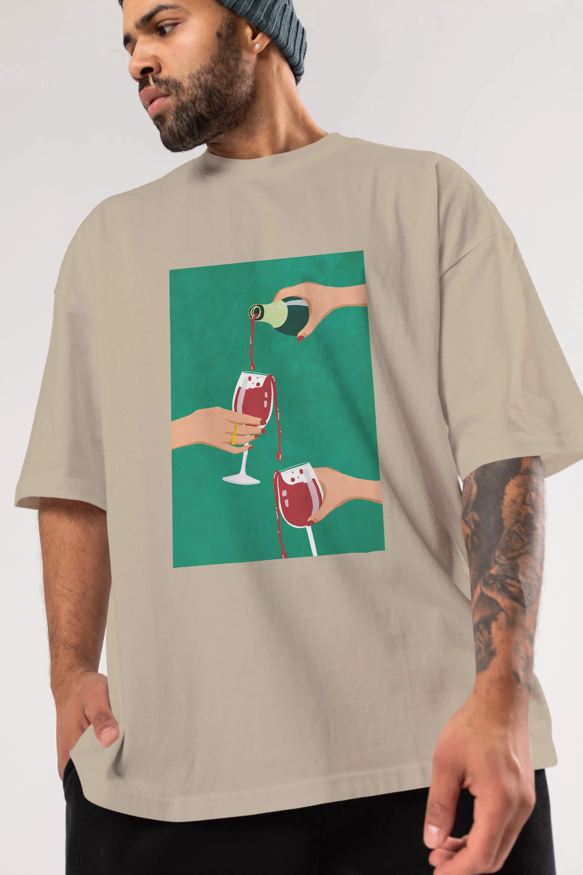 Wine 2 Ön Baskılı Oversize t-shirt Erkek Kadın Unisex %100 Pamuk Bisiklet Yaka tişort