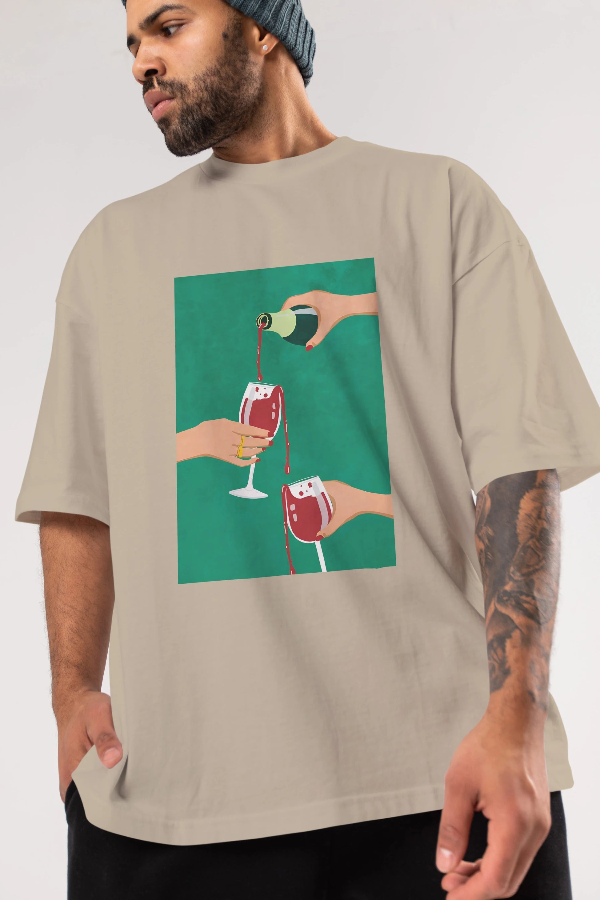 Wine 2 Ön Baskılı Oversize t-shirt Erkek Kadın Unisex %100 Pamuk Bisiklet Yaka tişort