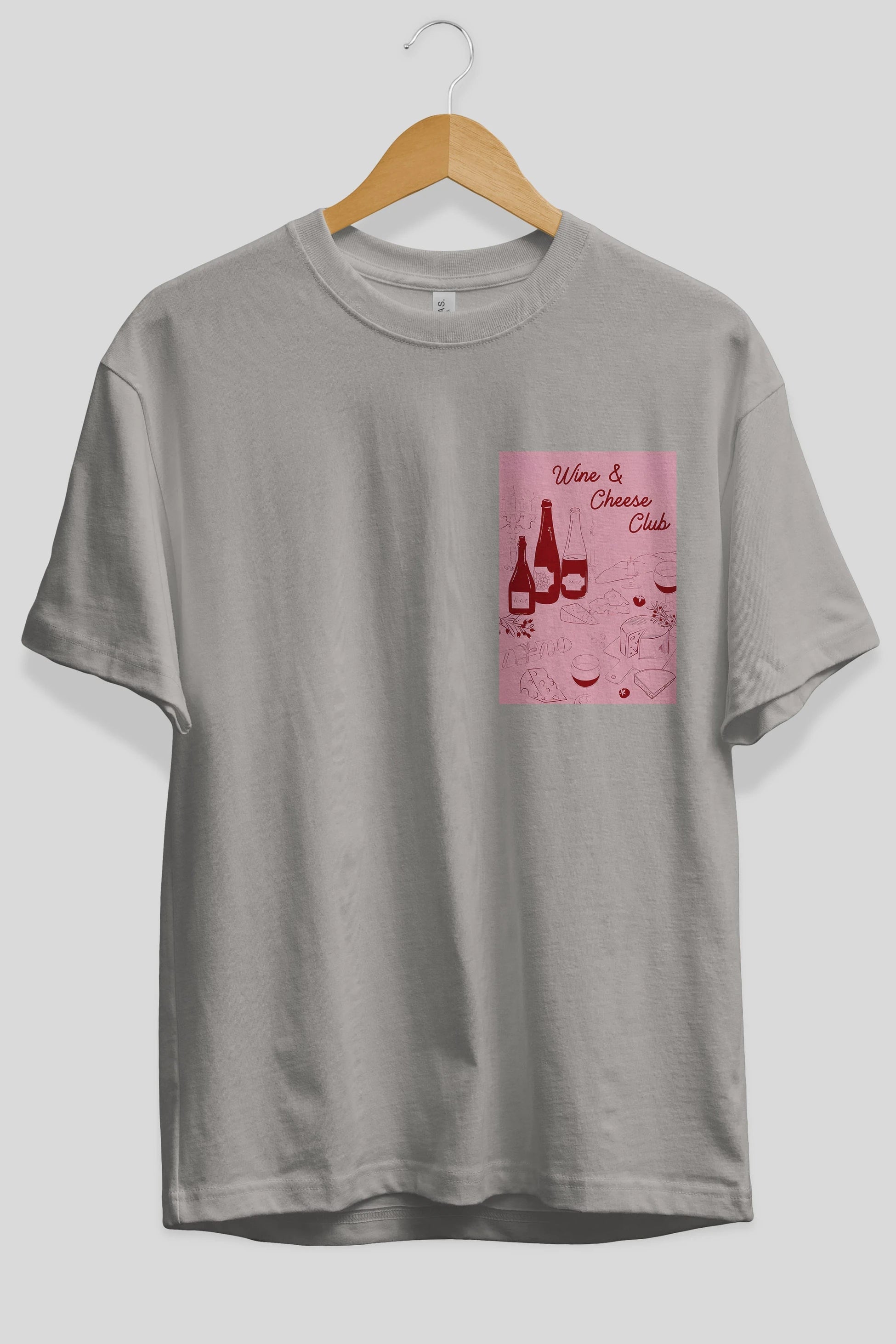 Wine Cheese Club Ön Sol Baskılı Oversize t-shirt Erkek Kadın Unisex %100 Pamuk Bisiklet Yaka tişort
