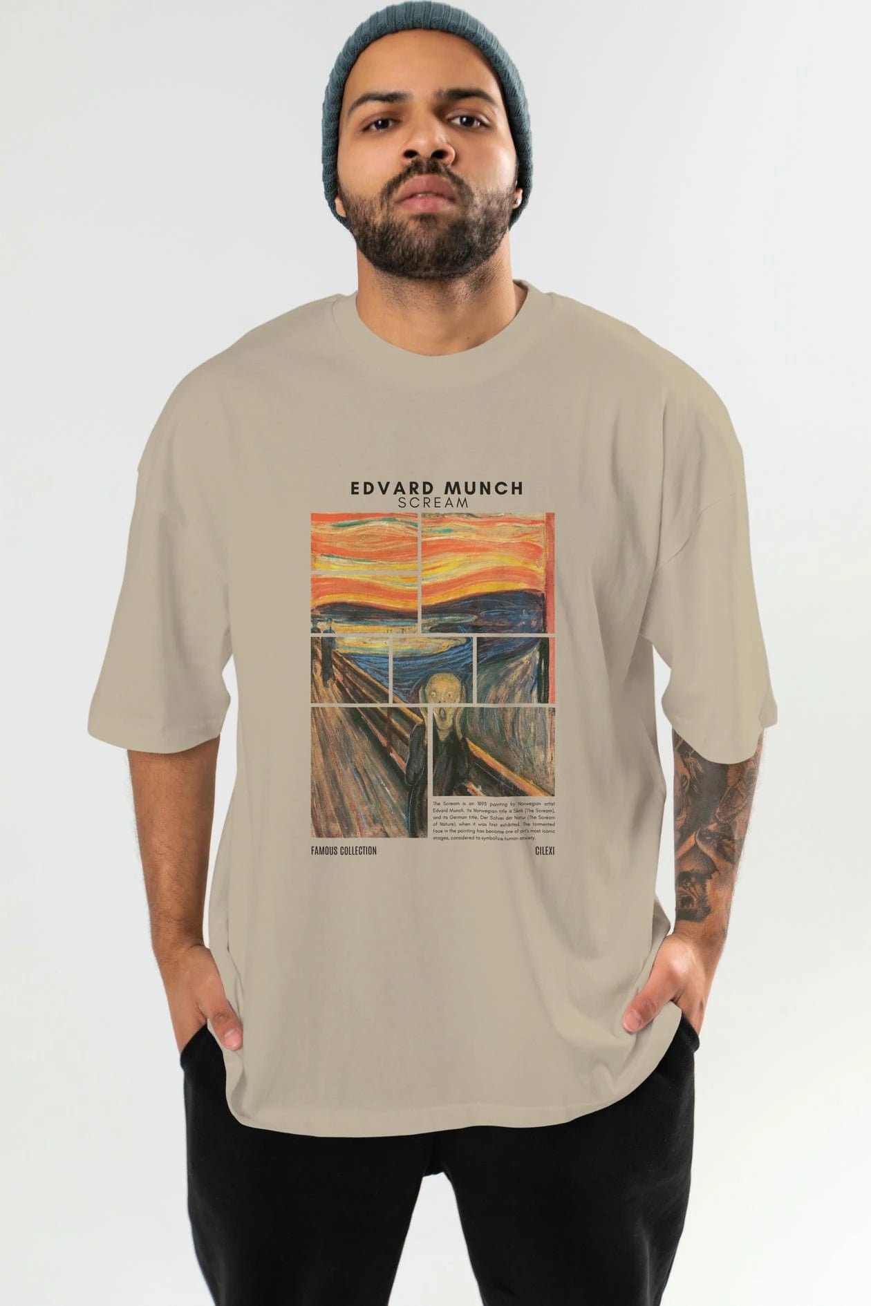 Edvard Munch Scream ön Baskılı Oversize t-shirt Erkek Kadın Bisiklet Yaka Pamuk tişort