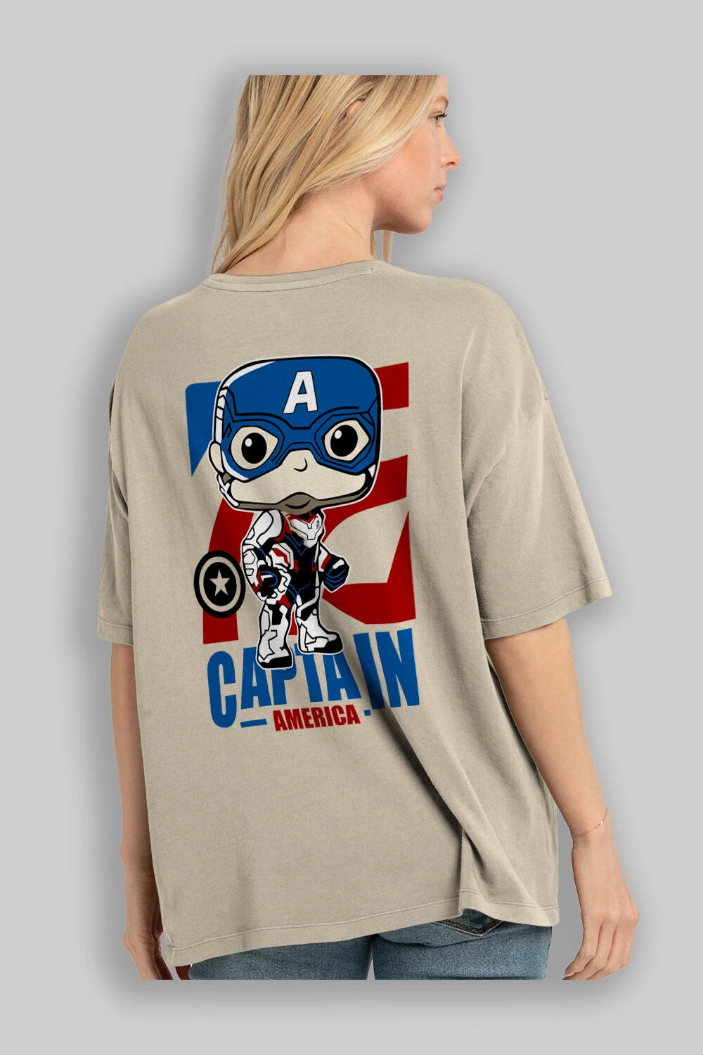 Captain America Arka Baskılı Oversize t-shirt Erkek Kadın Unisex %100 Pamuk Bisiklet Yaka tişort