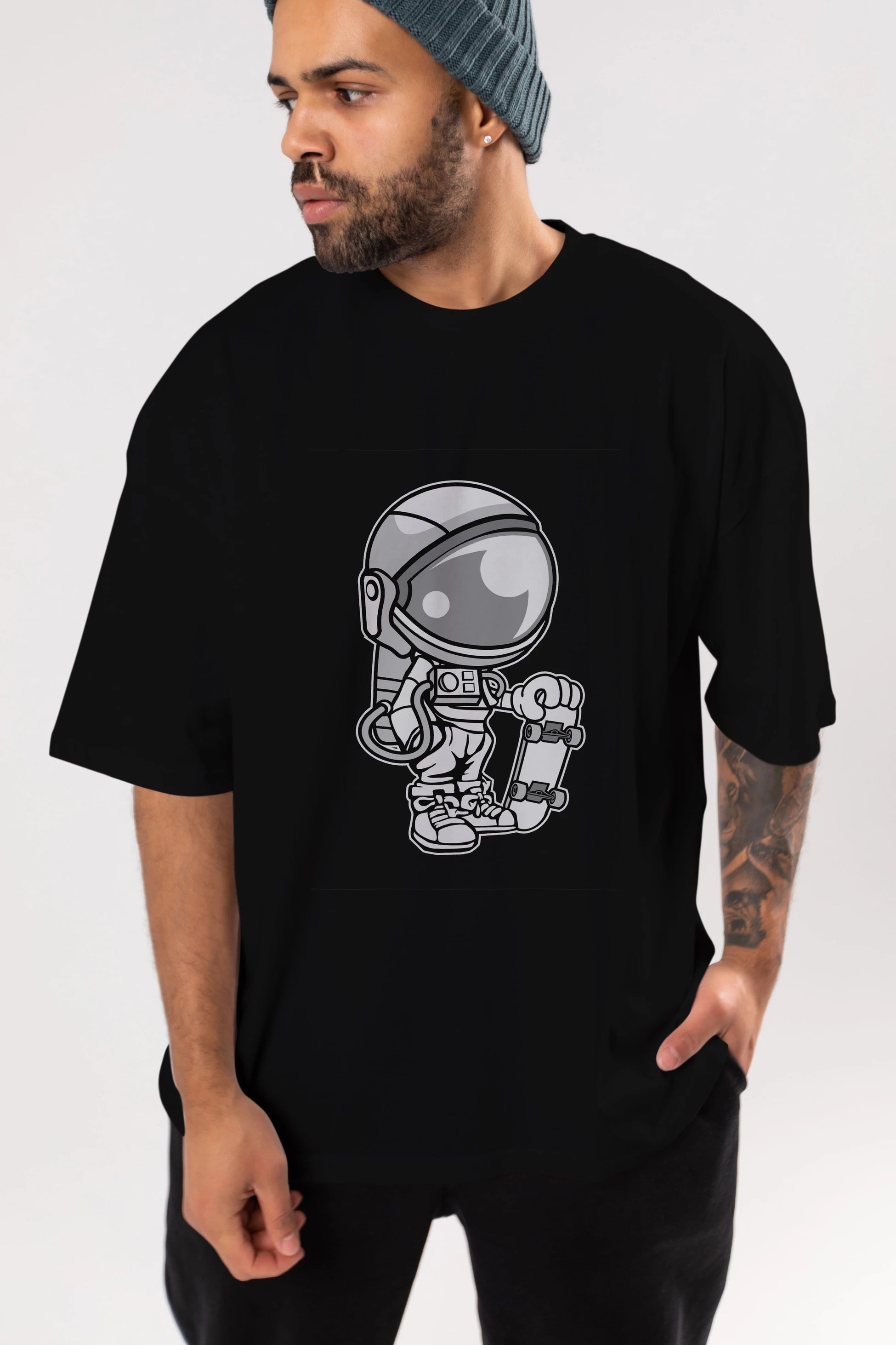 Astronaut Skaterboy Ön Baskılı Oversize t-shirt Erkek Kadın Unisex %100 Pamuk tişort