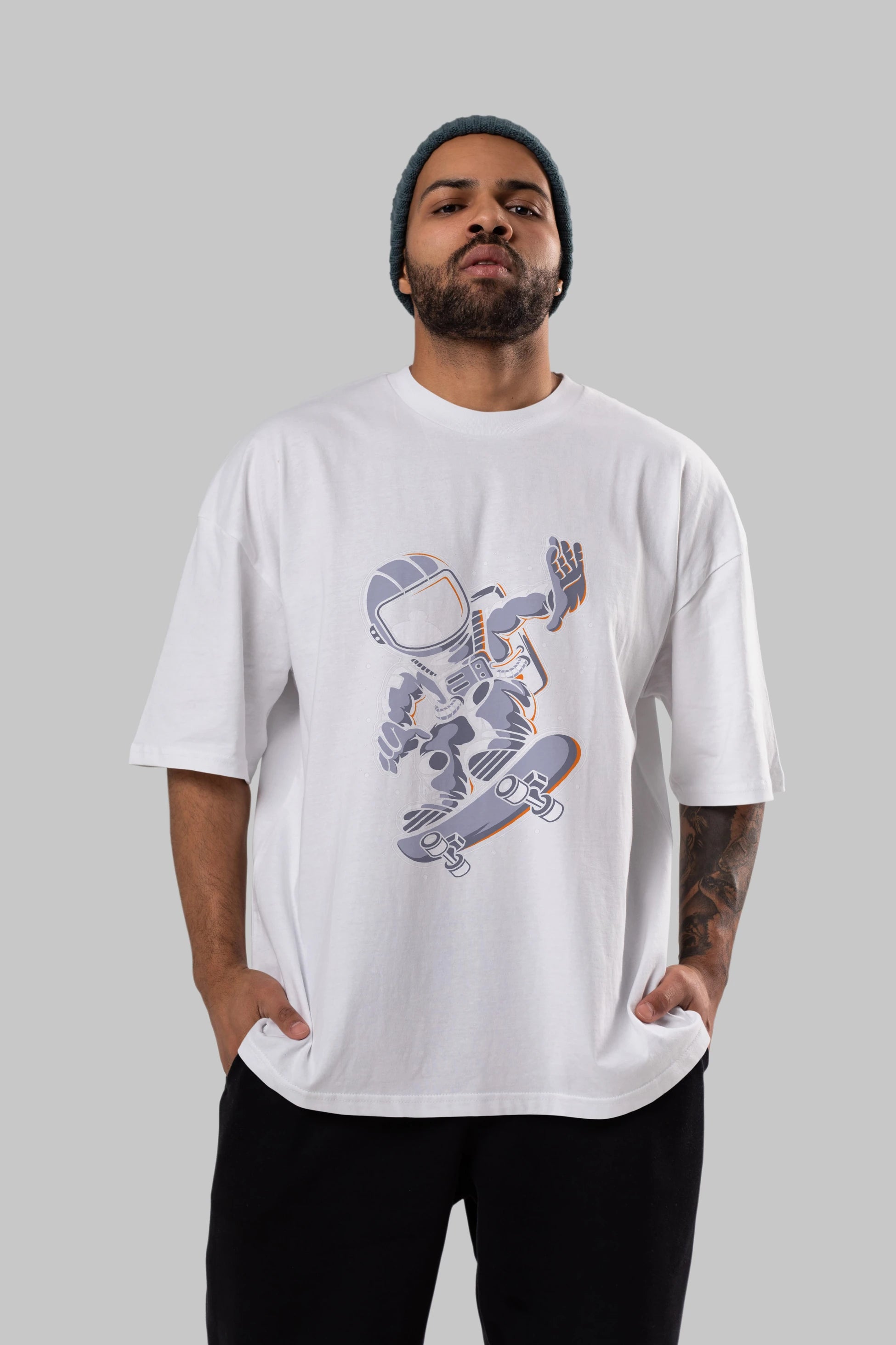 Astronaut Skateboard Ön Baskılı Oversize t-shirt Erkek Kadın Unisex