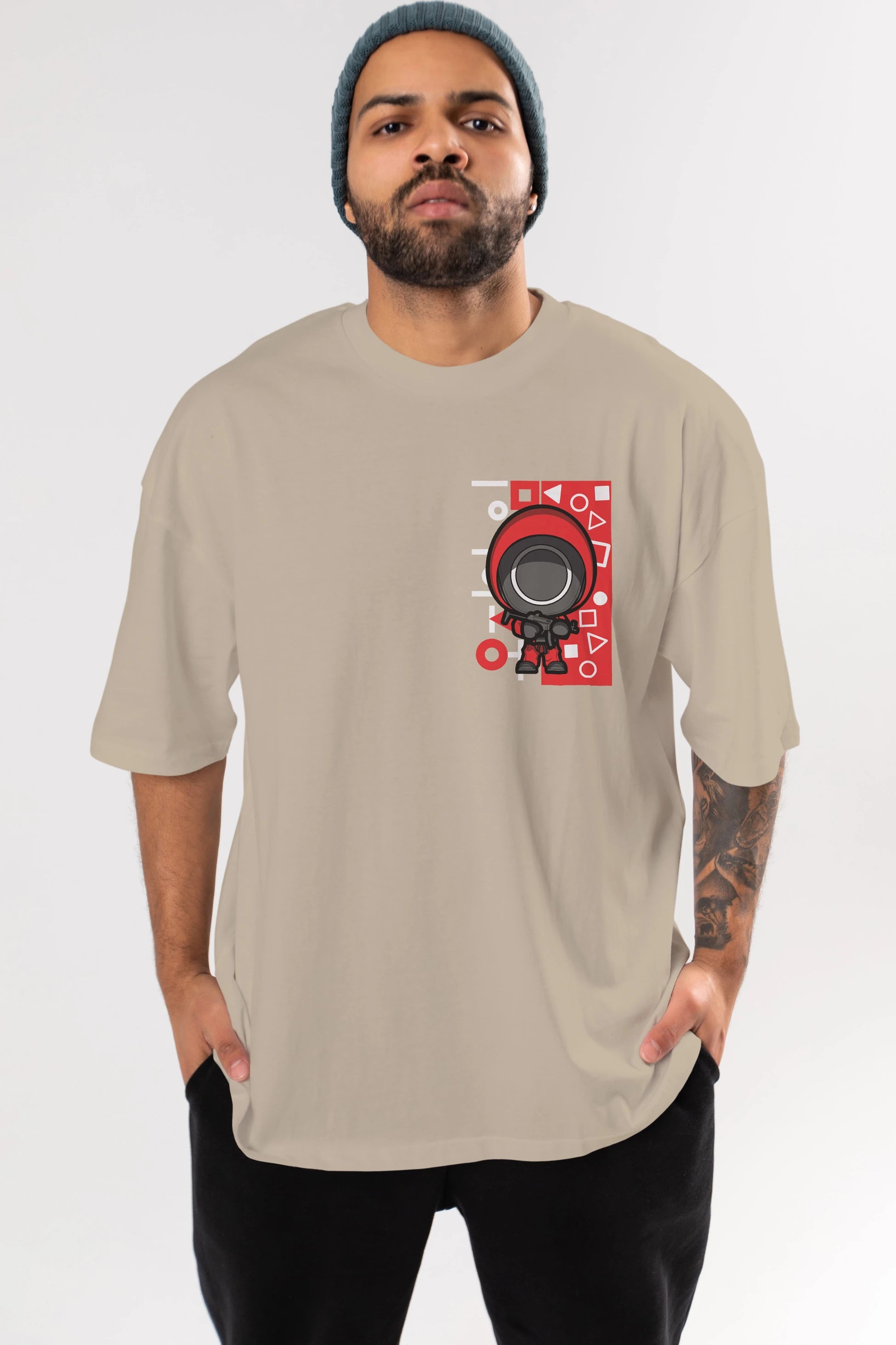 Squid Game (4) Ön Sol Baskılı Oversize t-shirt Erkek Kadın Unisex %100 Pamuk Bisiklet Yaka tişort